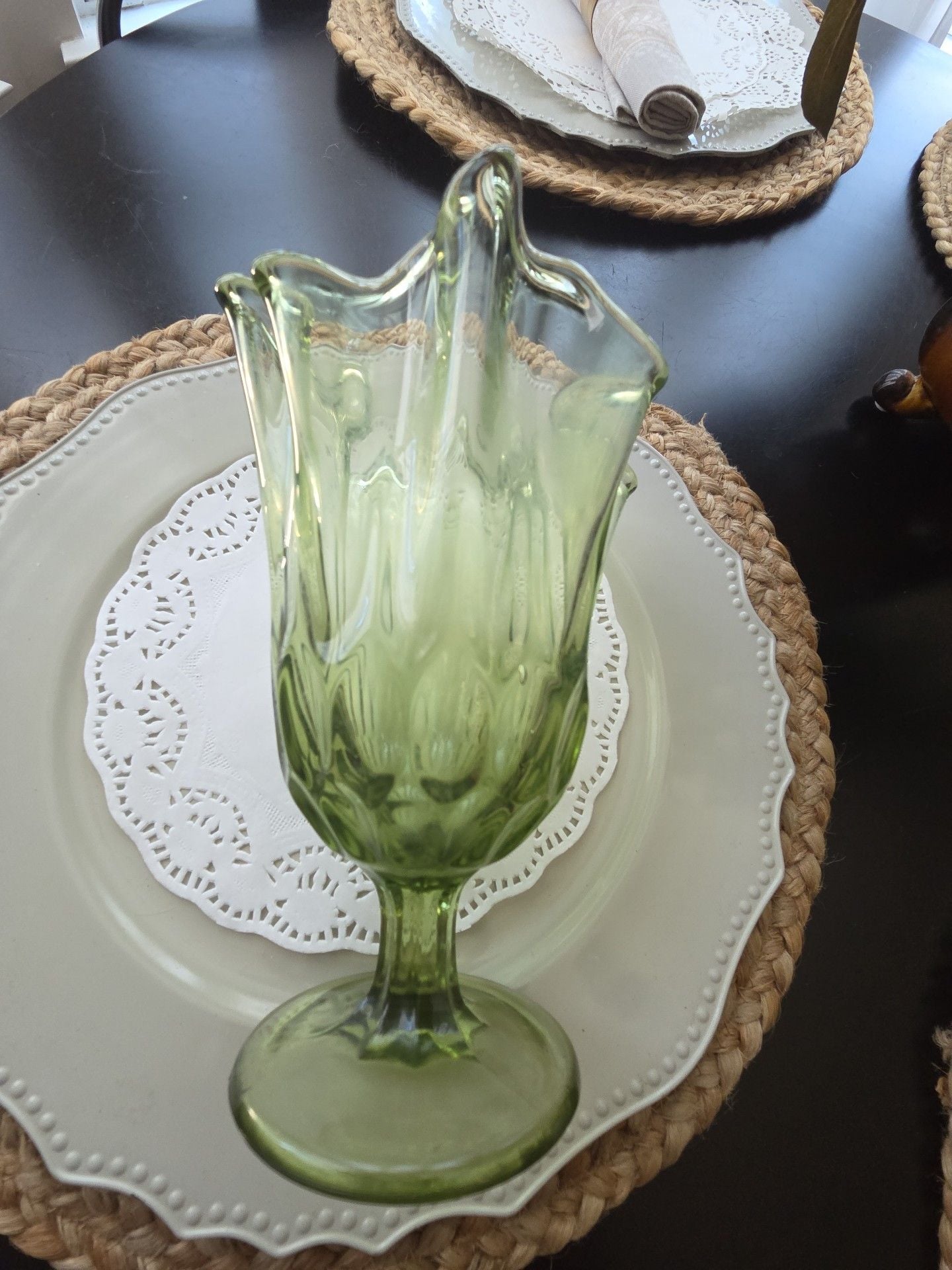 Vintage Green Vaseline Glass Footed Ruffled Vase 6