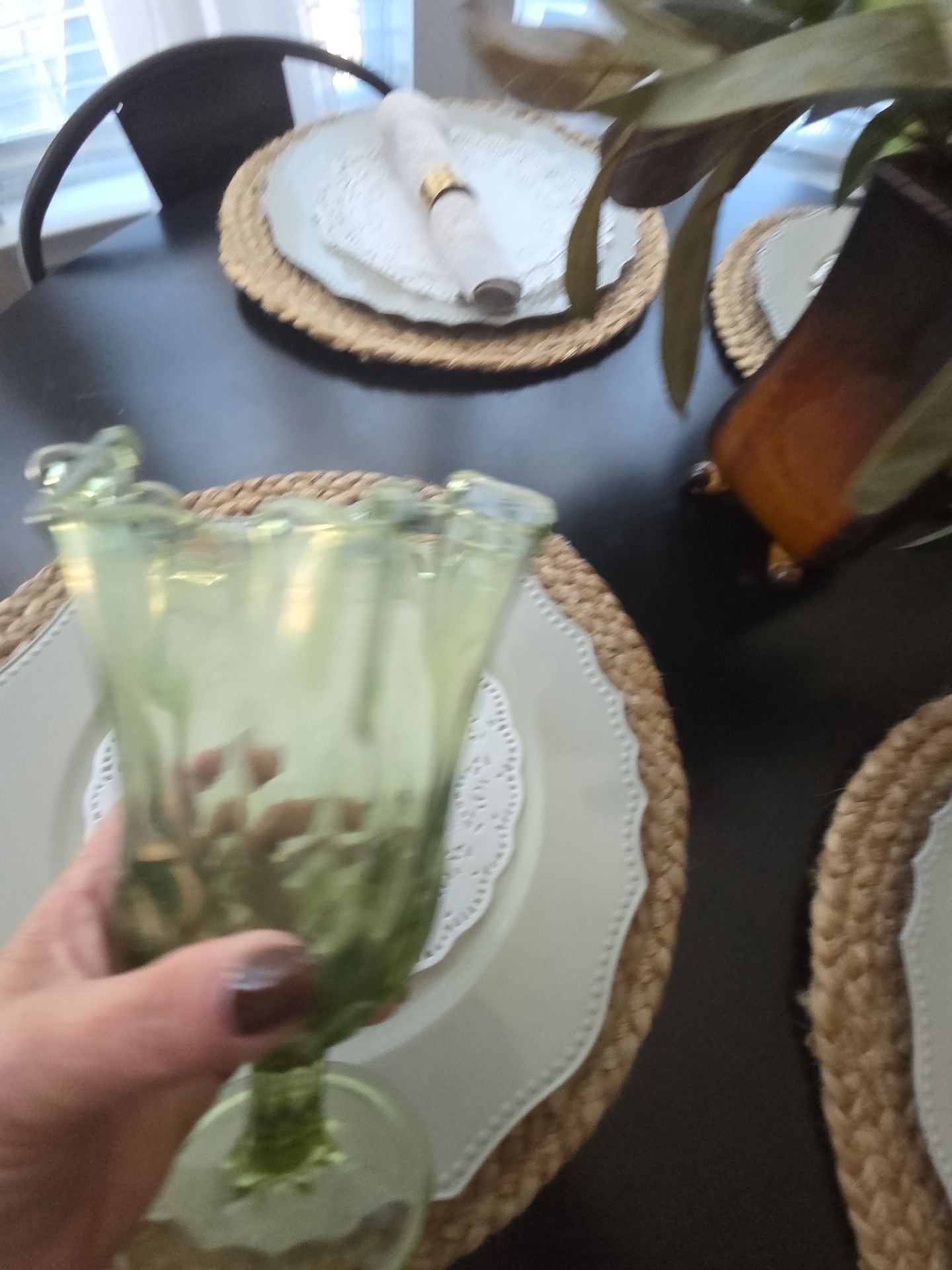 Vintage Green Vaseline Glass Footed Ruffled Vase 7