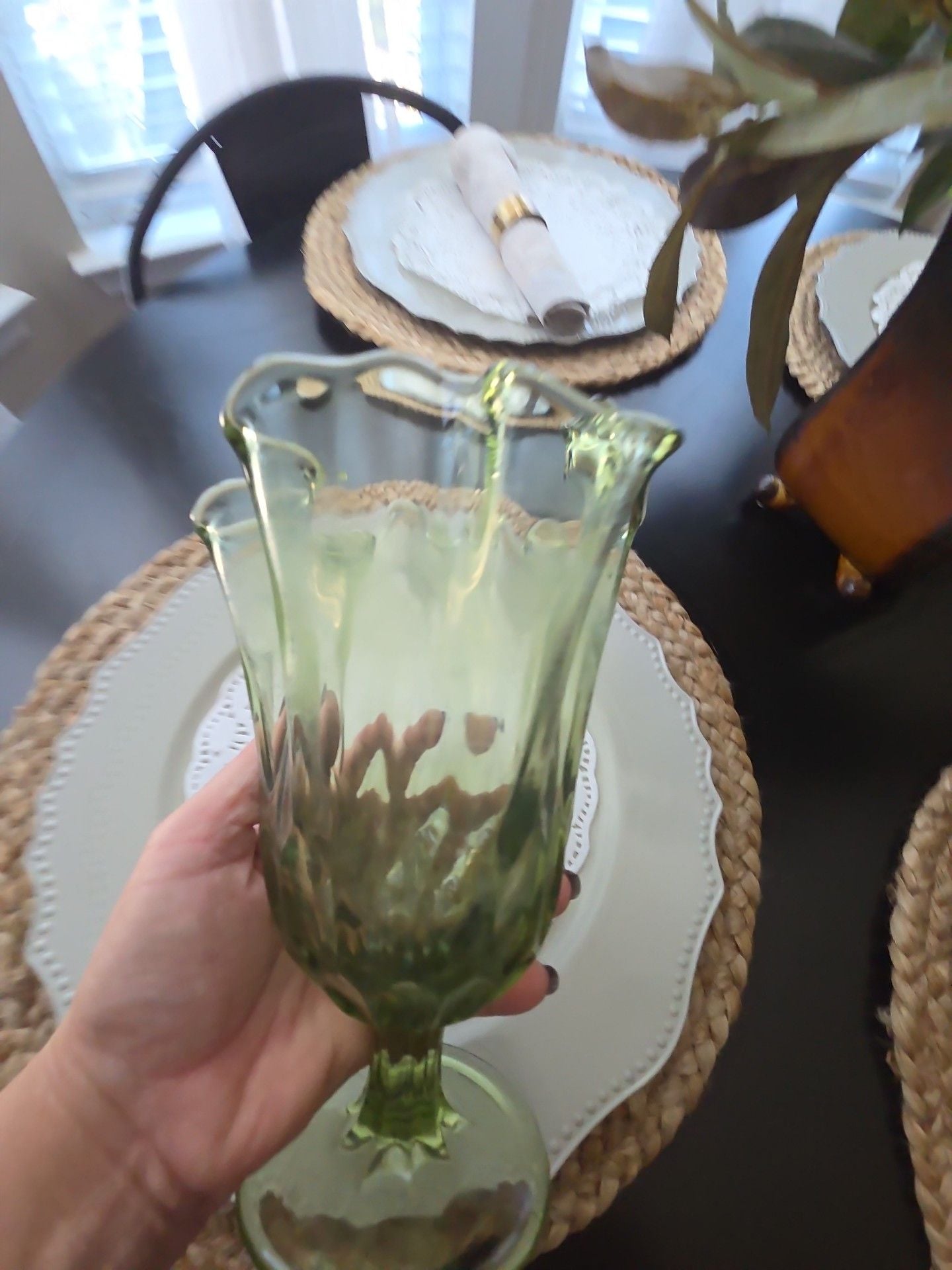 Vintage Green Vaseline Glass Footed Ruffled Vase 8