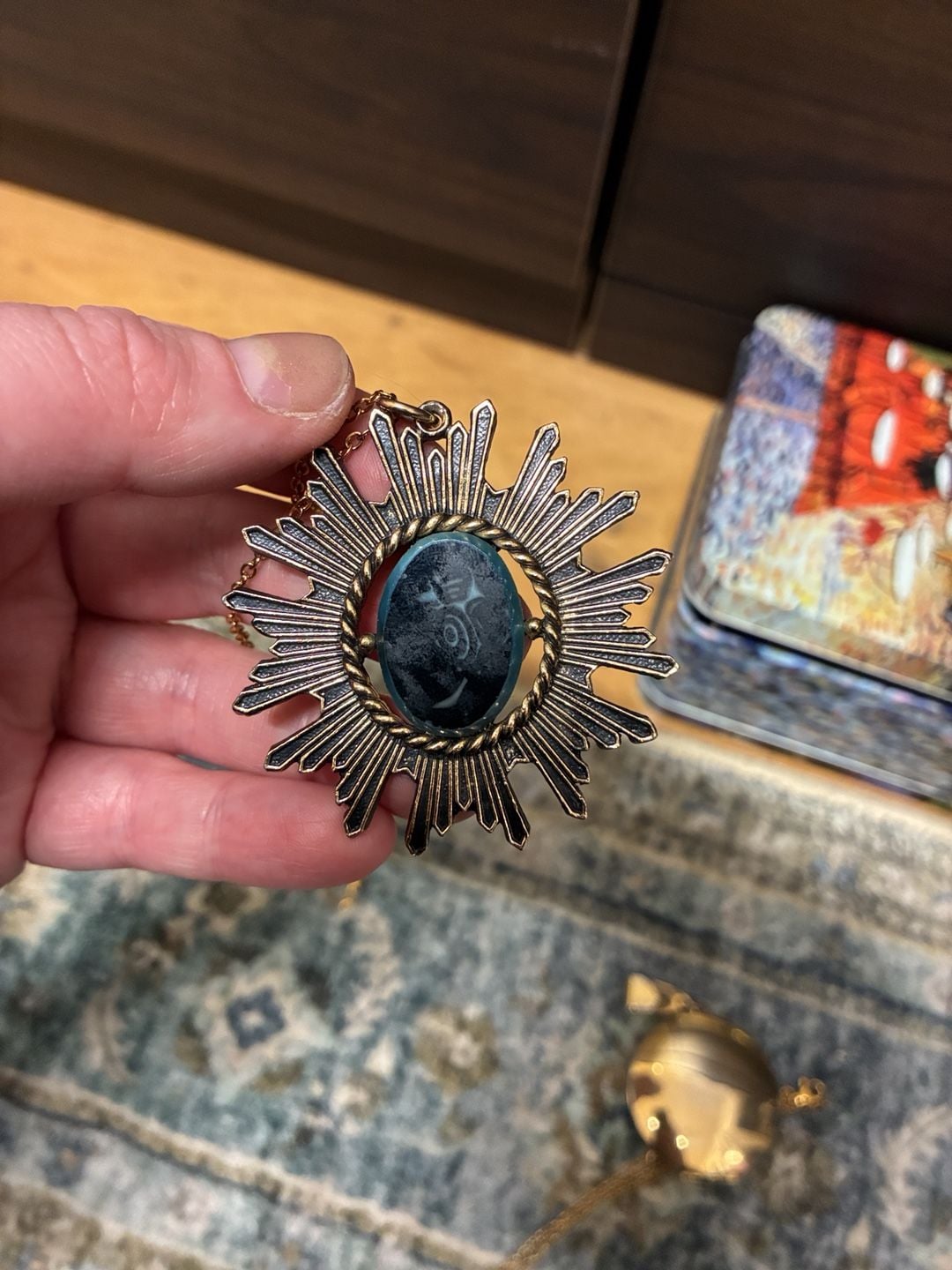 Upcycled Swank Vintage 1930s Art Deco Sunburst Pendant Necklace Gold Tone 2
