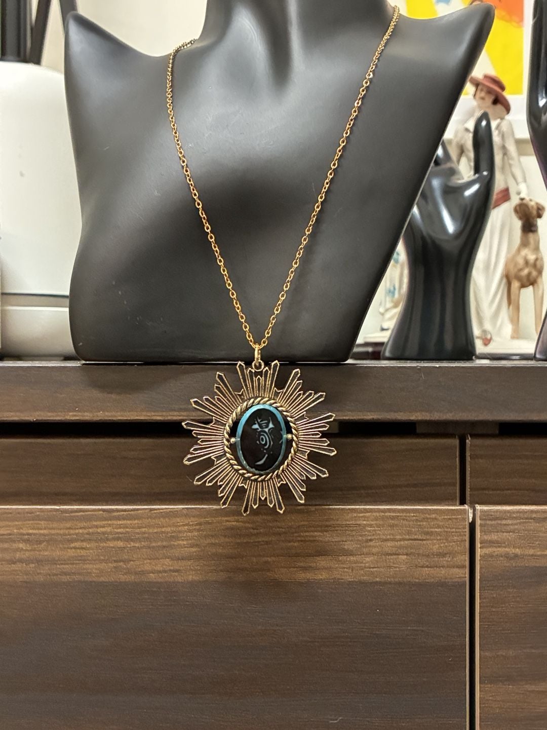 Upcycled Swank Vintage 1930s Art Deco Sunburst Pendant Necklace Gold Tone 5