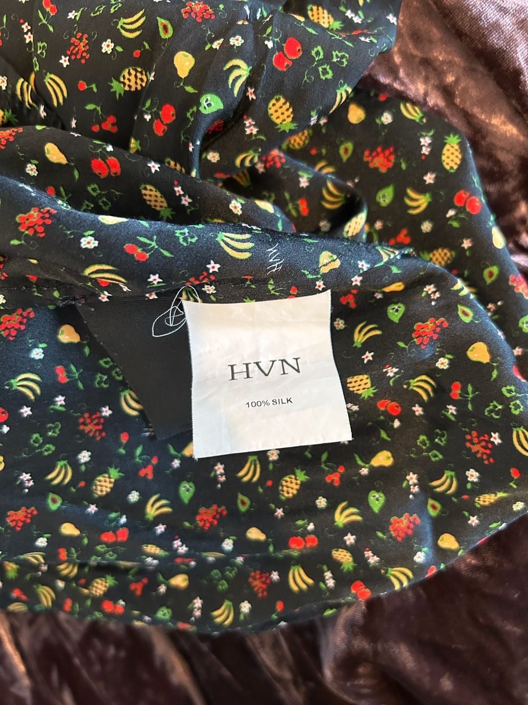 HVN 100% Silk Dawn Dress - Black Fruit Salad Print 10