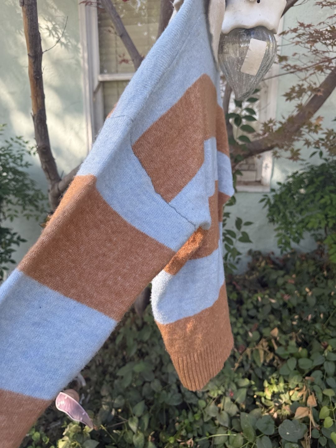 Aqua Striped Polo Sweater Size L Blue Brown Collared Knit Long Sleeve AsIS 13