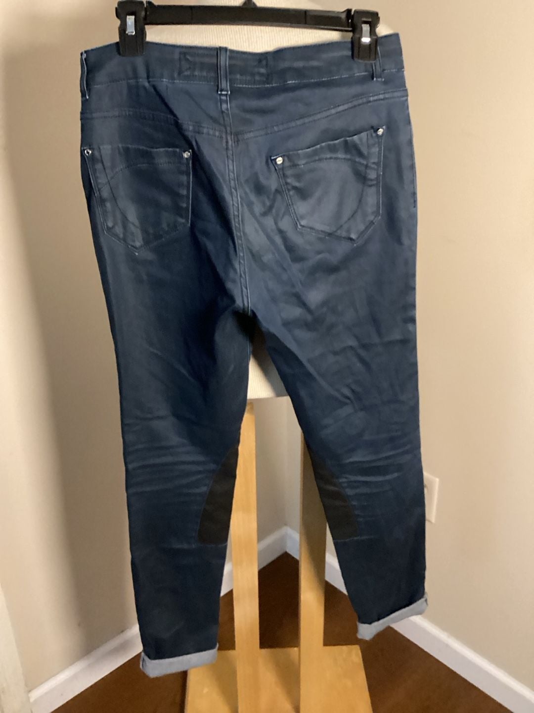 Karen Millen Coated Jeans Size US 6 UK 10 Blue Moto Zip Knee Patches 6