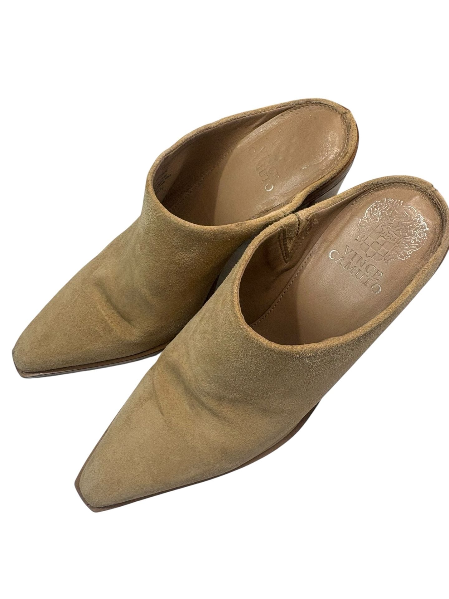 Vince Camuto Pointed Toe Mules Size 7M Tan Suede Block Heel Shoes 3