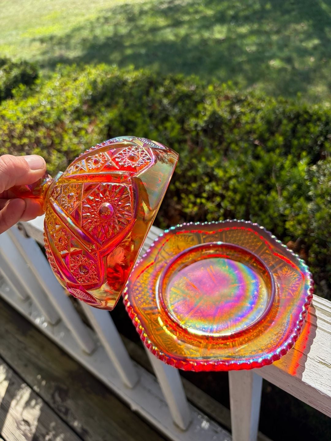 Vintage Imperial Glass sunset red Carnival Glass Butter Dish 2