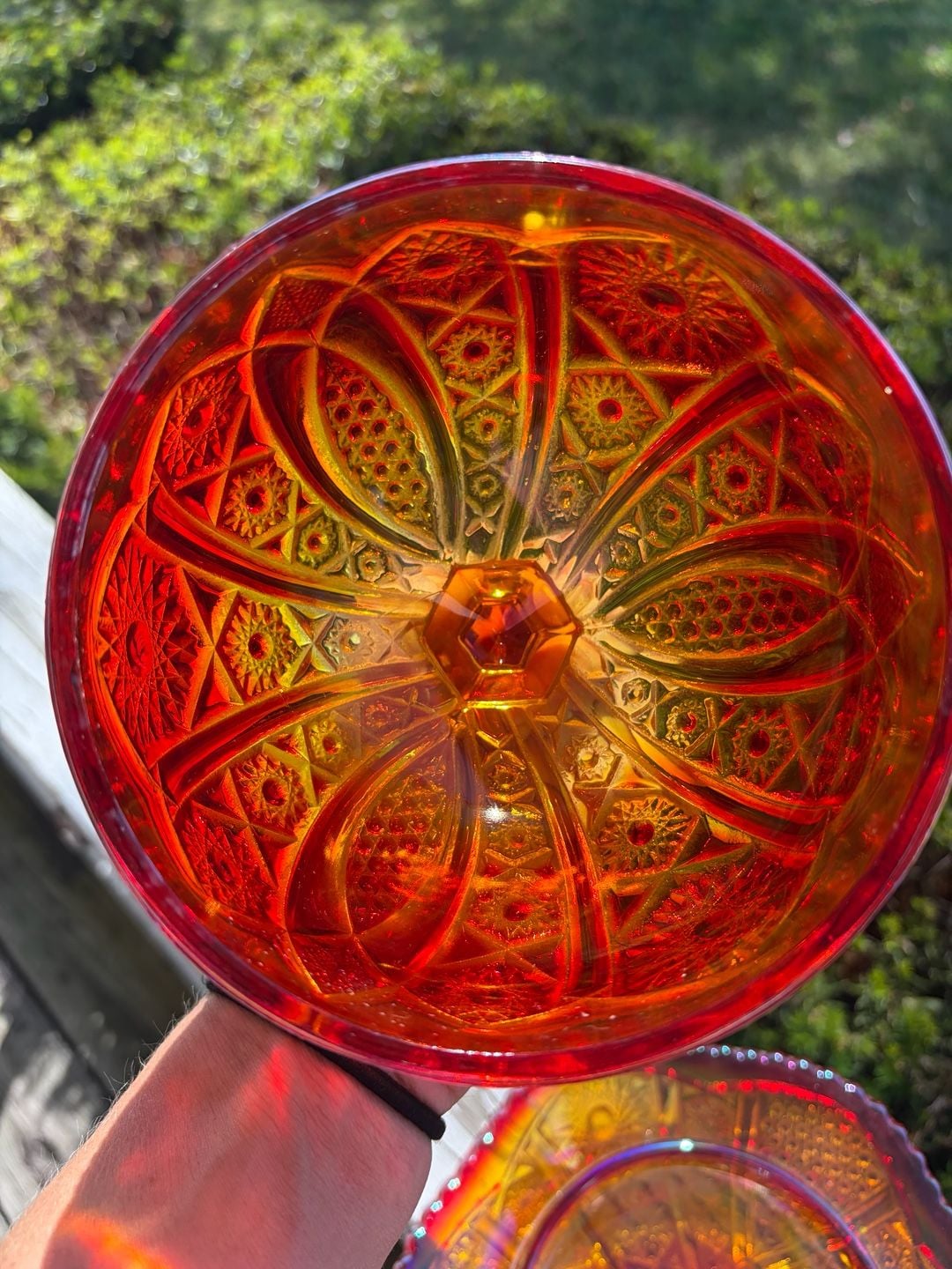 Vintage Imperial Glass sunset red Carnival Glass Butter Dish 3