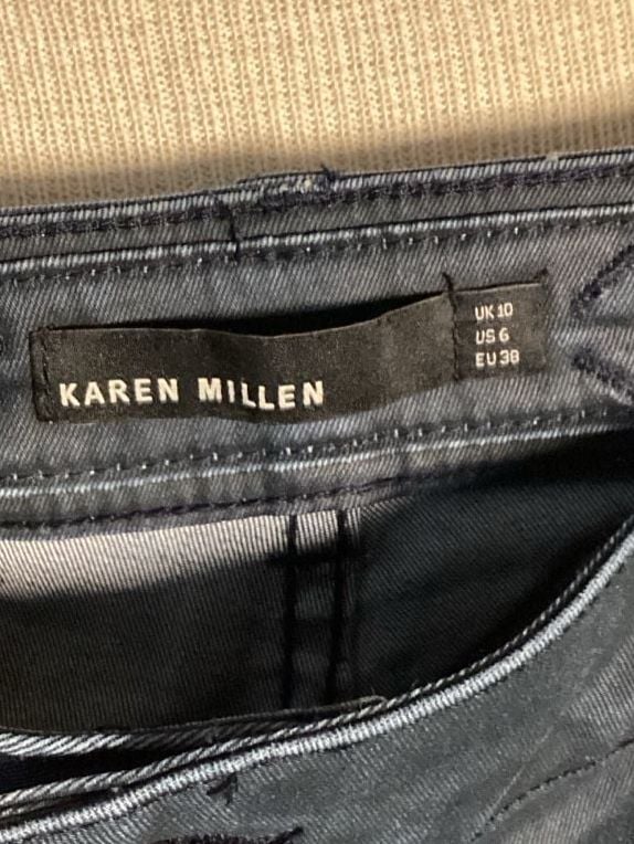 Karen Millen Coated Jeans Size US 6 UK 10 Blue Moto Zip Knee Patches 3