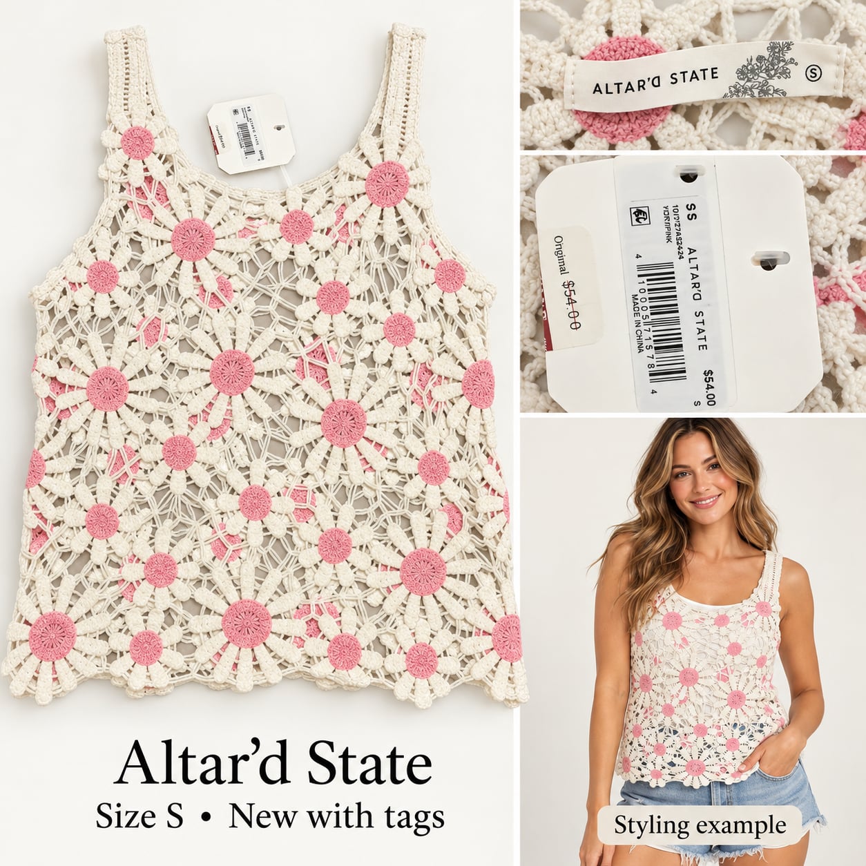 Altar’d State Pink Ivory Daisy Crochet Tank Top Small S NWT Boho Floral 2