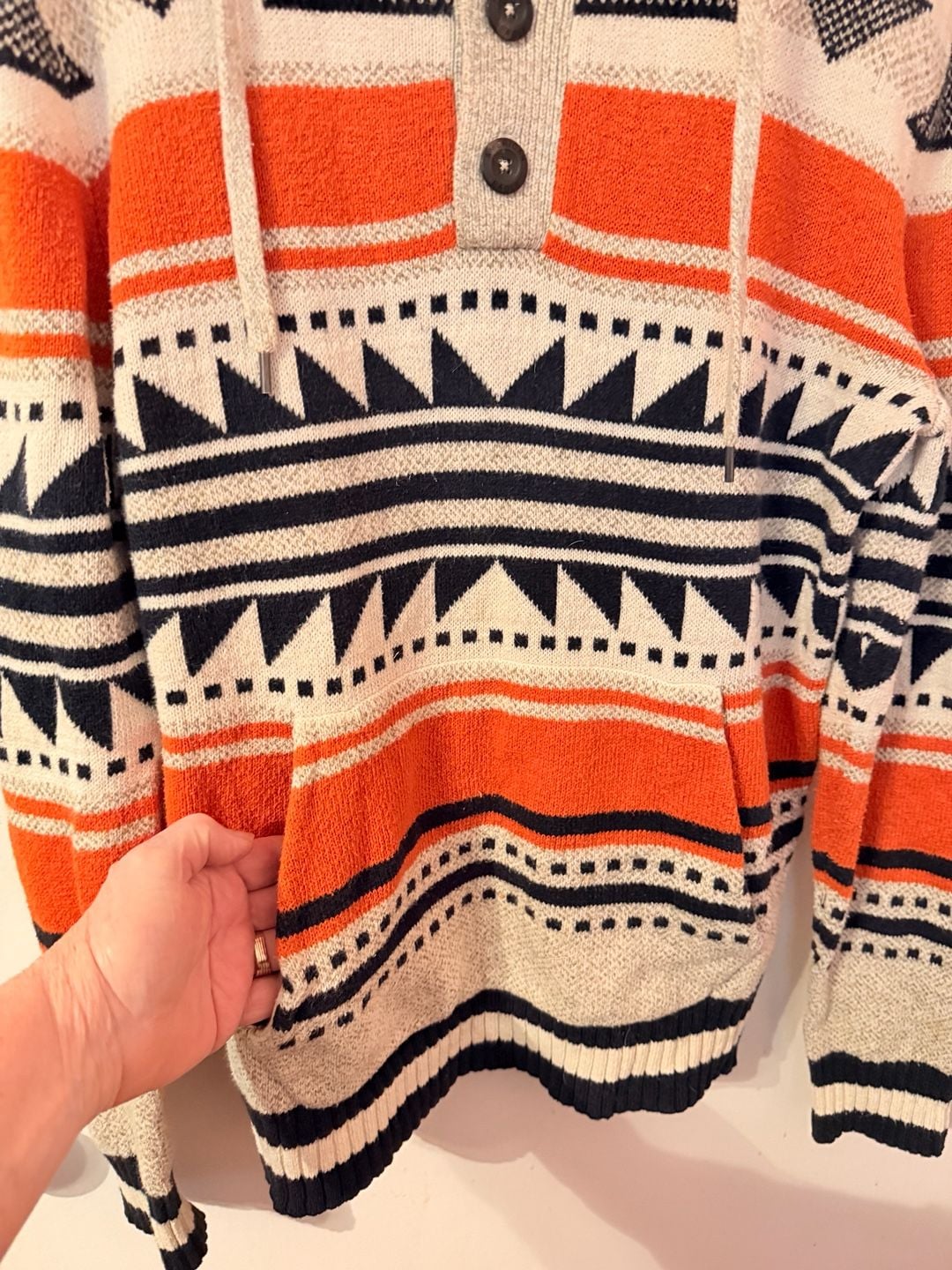 American Eagle Knit Hoodie Sweater Orange White Black Aztec Pattern 4