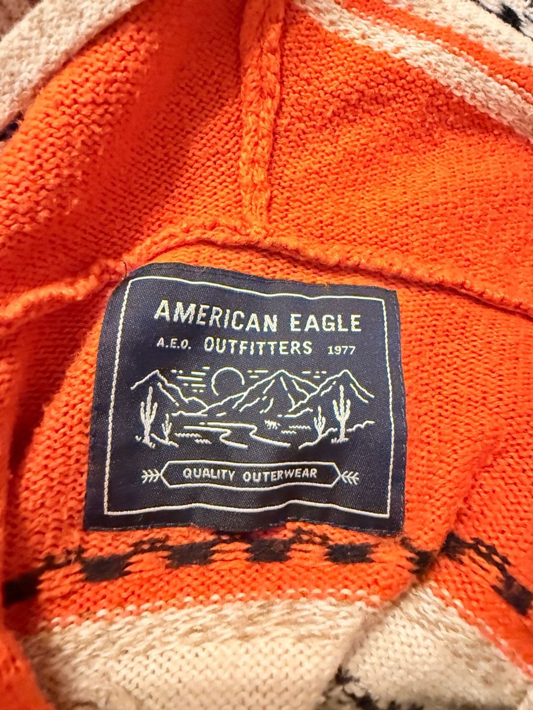 American Eagle Knit Hoodie Sweater Orange White Black Aztec Pattern 8