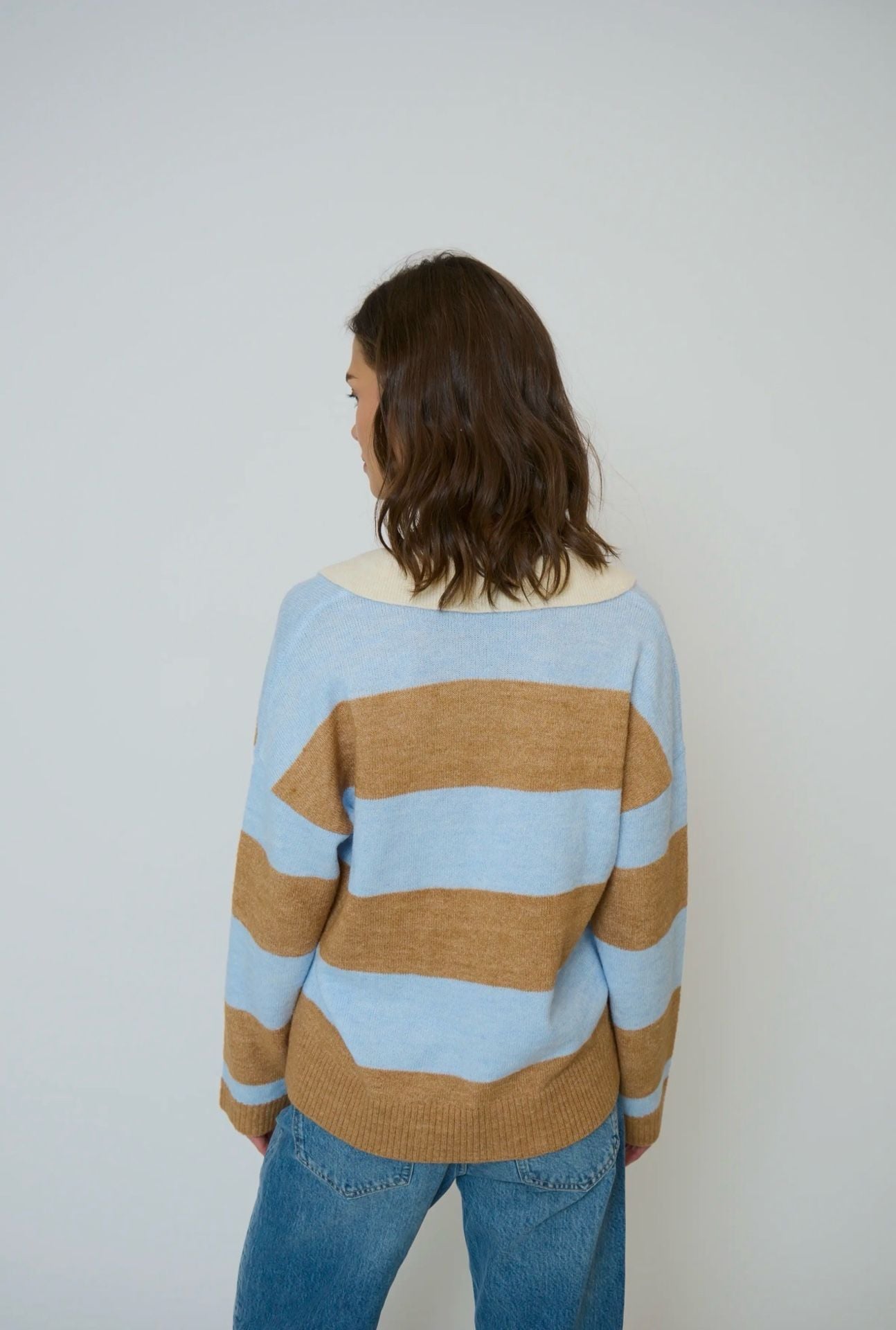Aqua Striped Polo Sweater Size L Blue Brown Collared Knit Long Sleeve AsIS 15