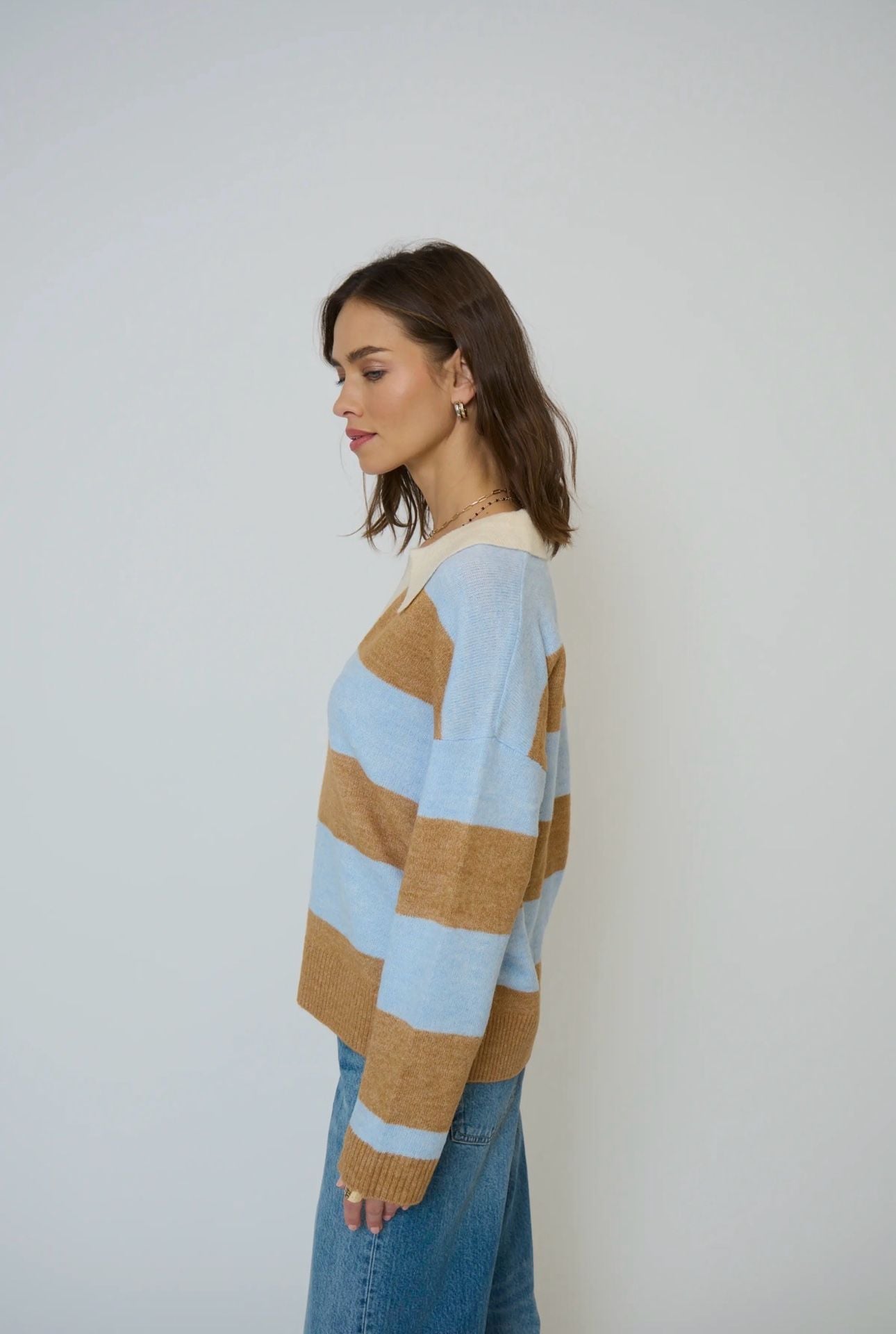Aqua Striped Polo Sweater Size L Blue Brown Collared Knit Long Sleeve AsIS 16