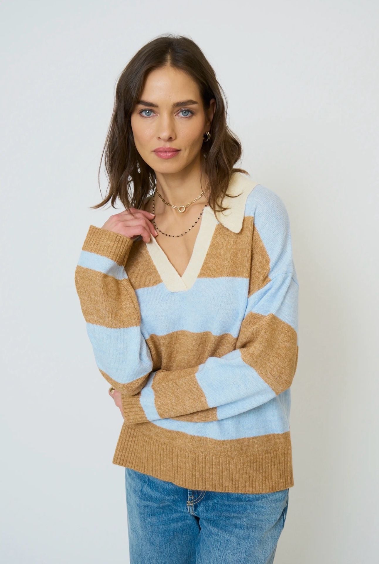 Aqua Striped Polo Sweater Size L Blue Brown Collared Knit Long Sleeve AsIS 17