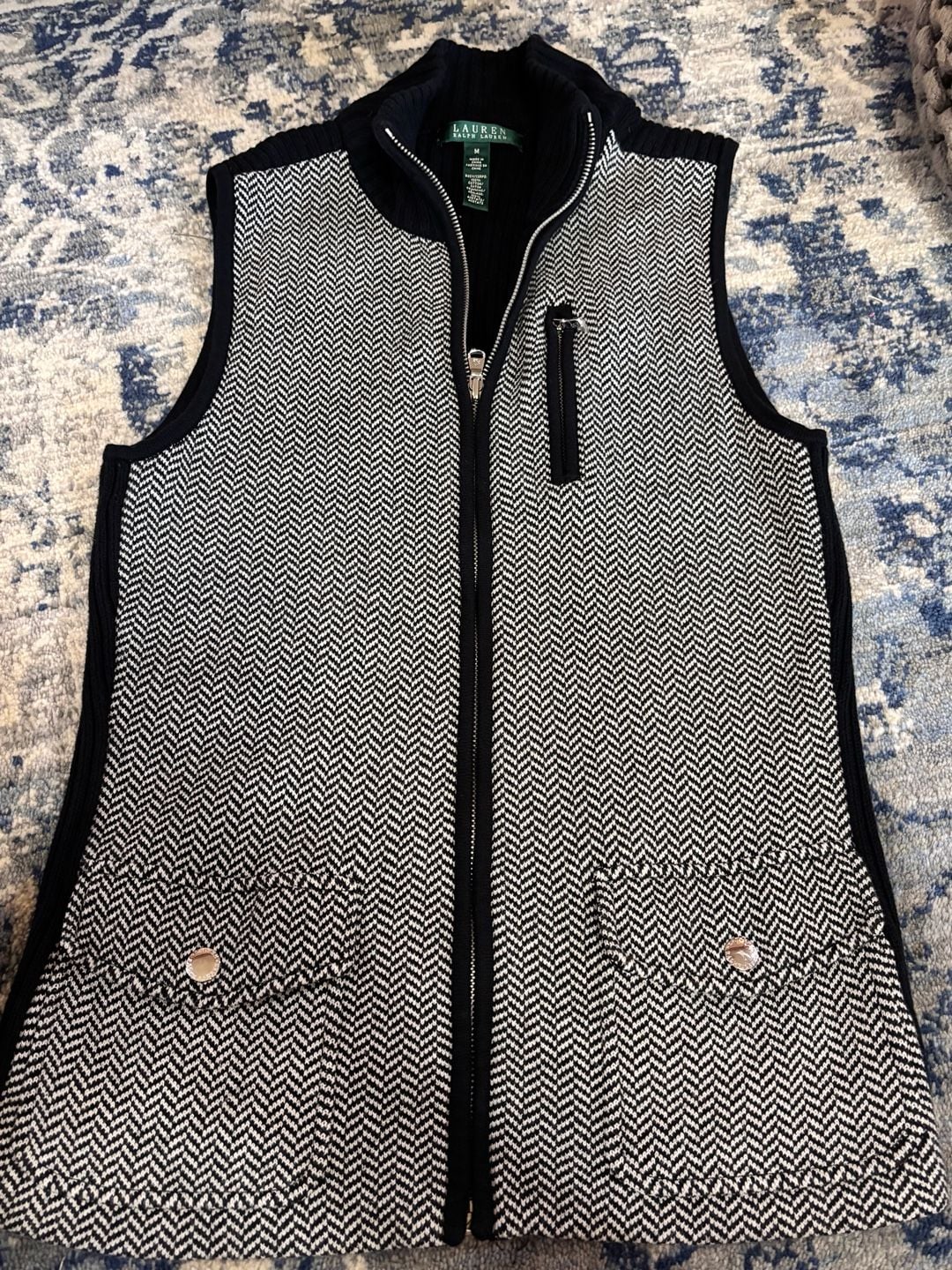 LRL Ralph Lauren Herringbone Black IZip Sweater Vest M 2