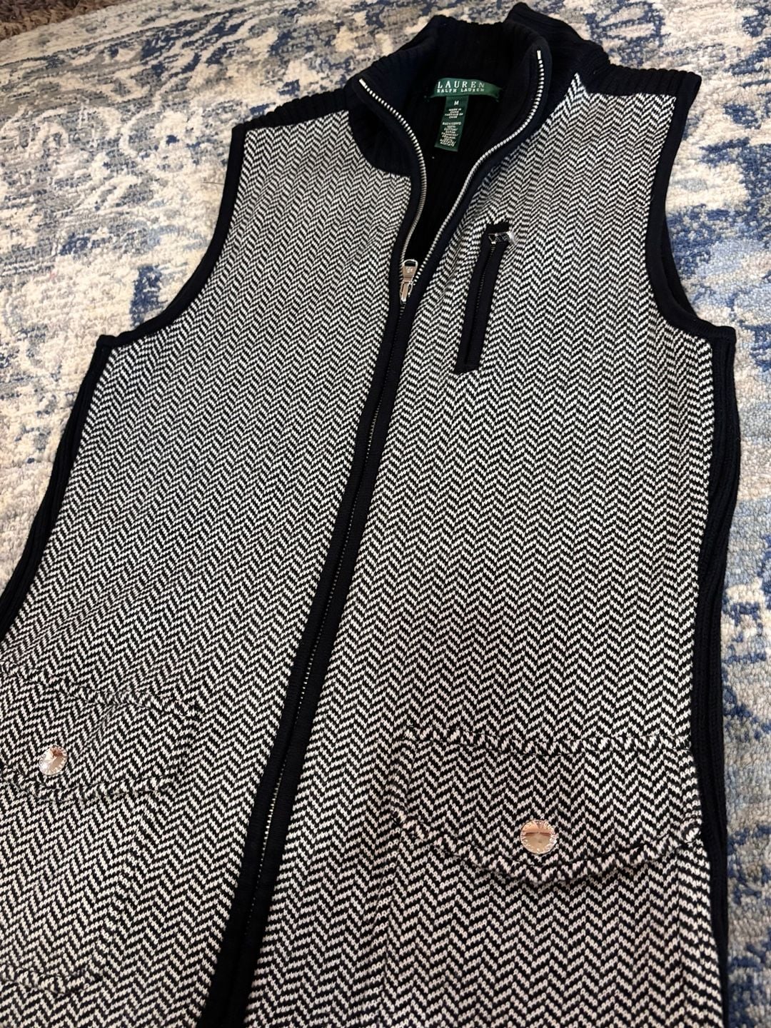 LRL Ralph Lauren Herringbone Black IZip Sweater Vest M 3