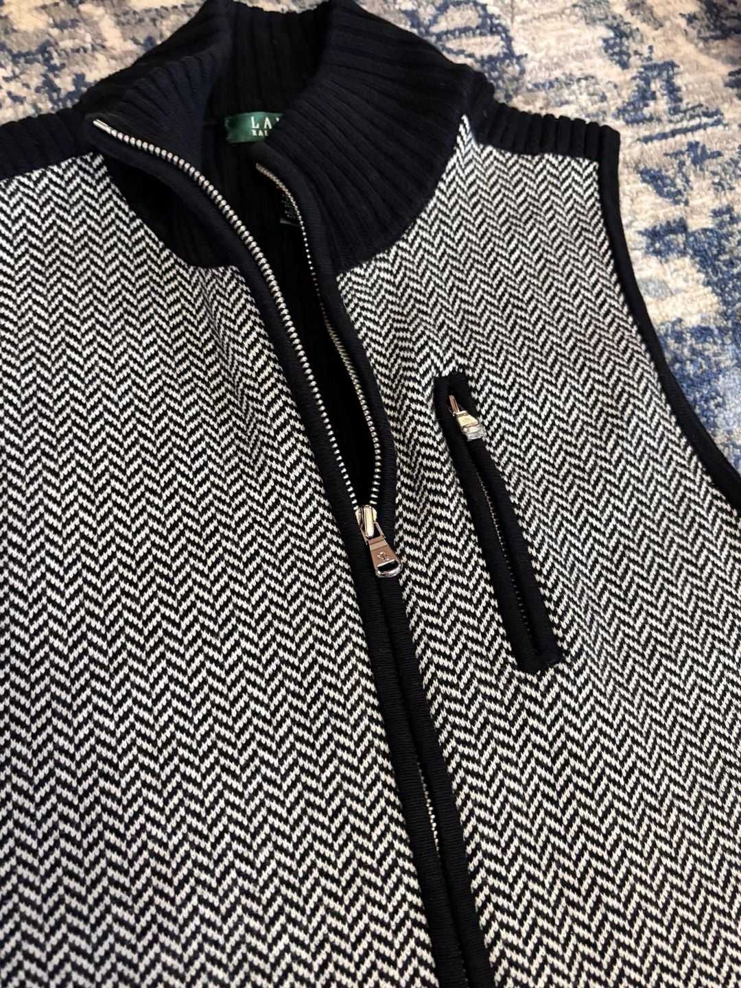 LRL Ralph Lauren Herringbone Black IZip Sweater Vest M 5