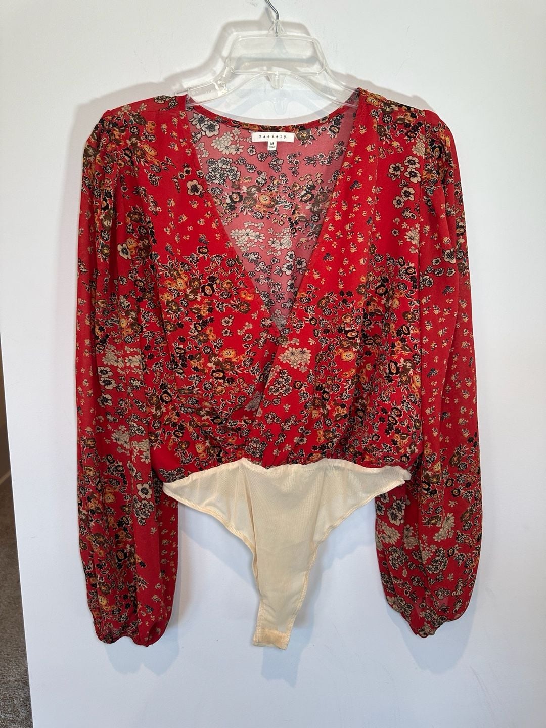 Bae Vely Floral Bodysuit Size M Red Long Sleeve Wrap V-Neck 2