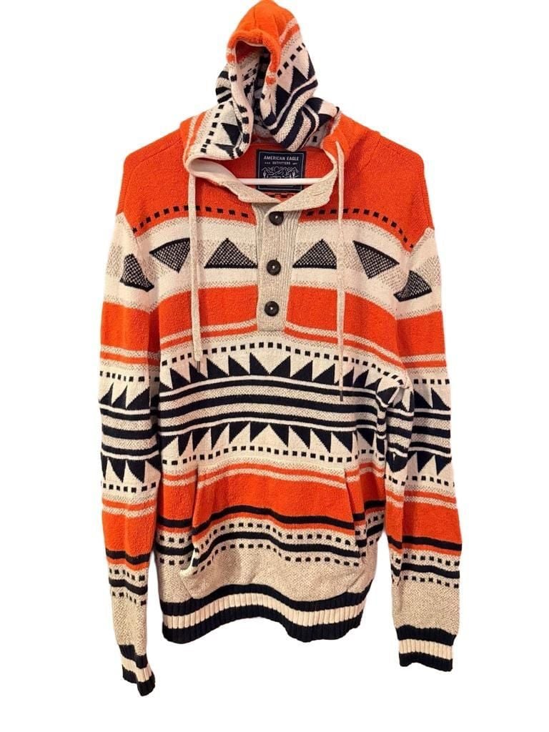American Eagle Knit Hoodie Sweater Orange White Black Aztec Pattern 2