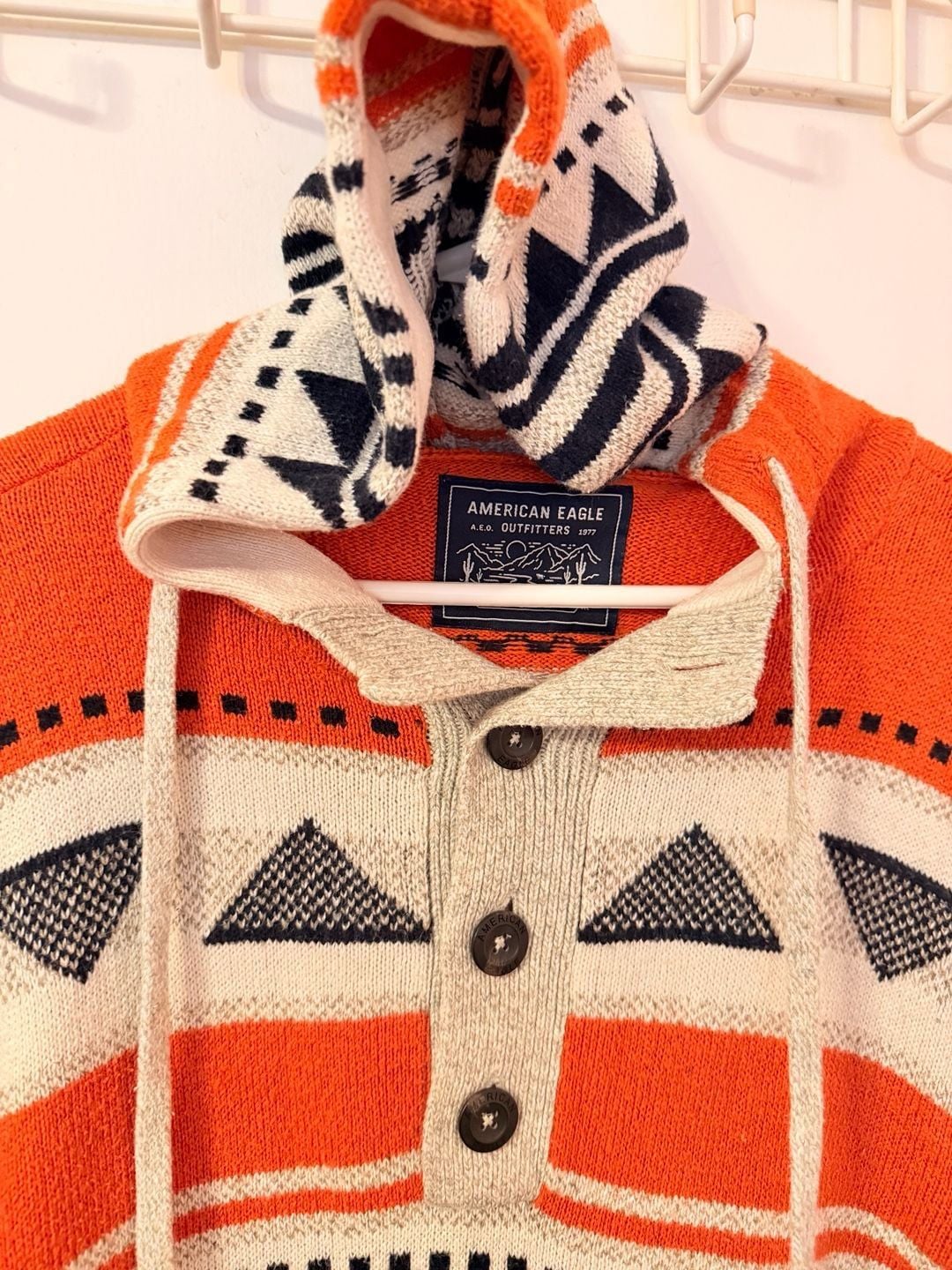 American Eagle Knit Hoodie Sweater Orange White Black Aztec Pattern 3
