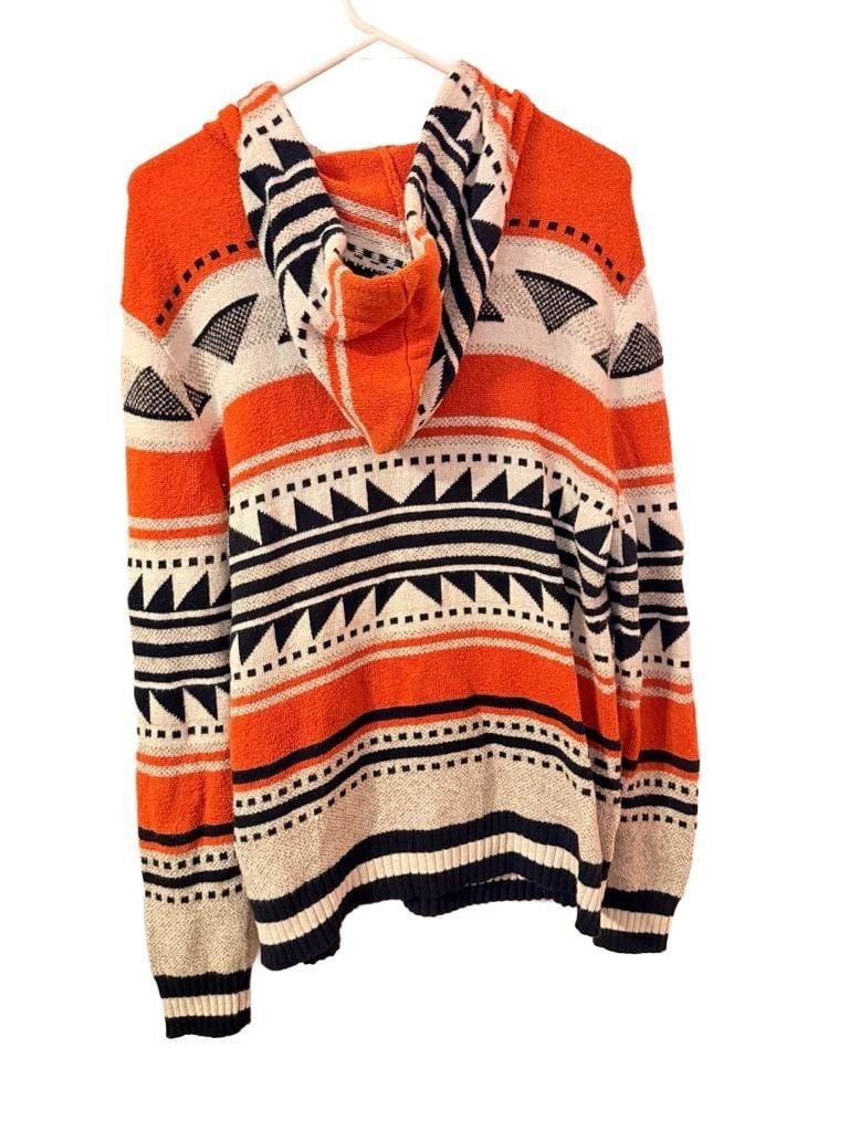 American Eagle Knit Hoodie Sweater Orange White Black Aztec Pattern 5