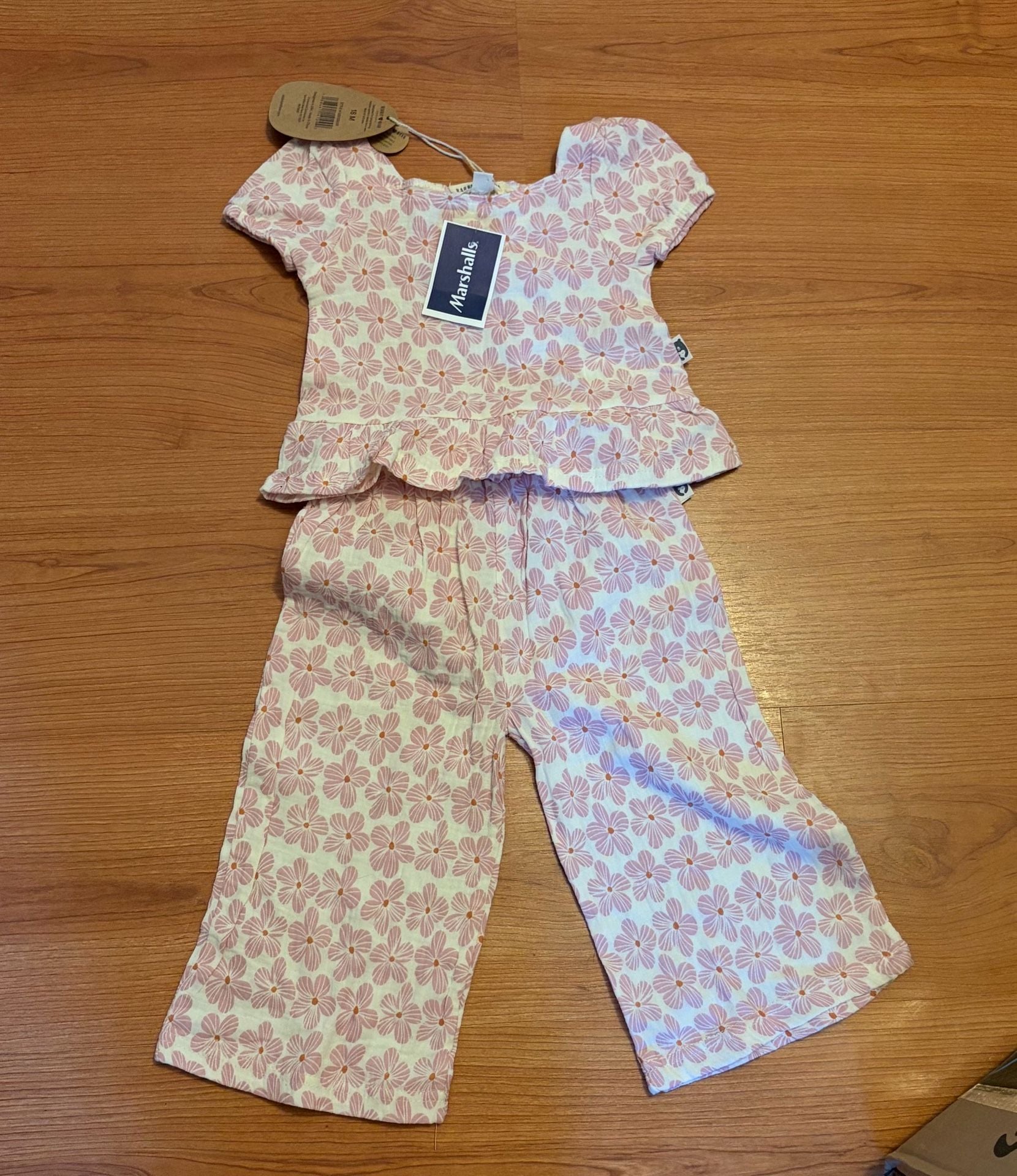 Rabbit Bear Organic Outfit Size 18 M Pink Floral Top Pants Set 1