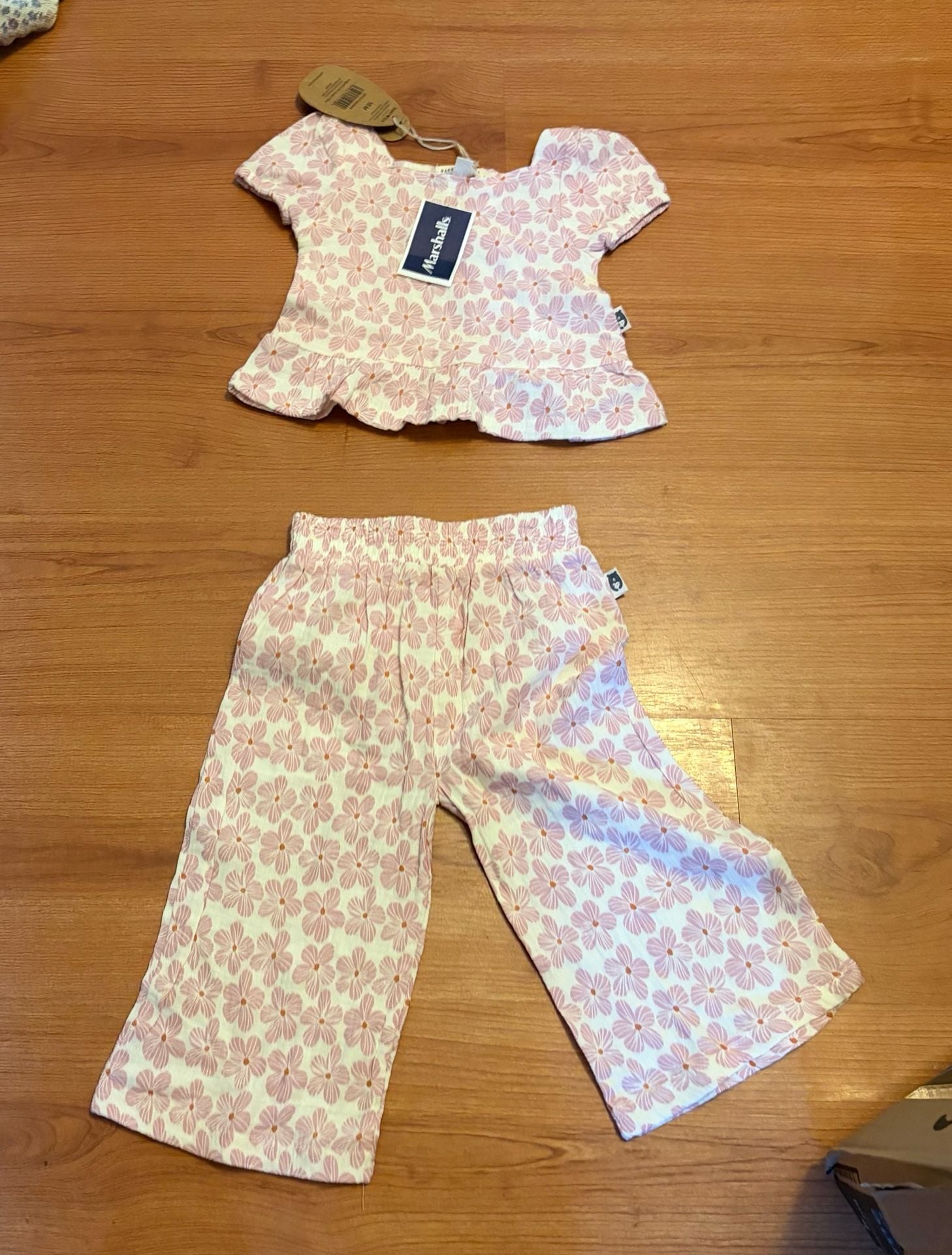 Rabbit Bear Organic Outfit Size 18 M Pink Floral Top Pants Set 2