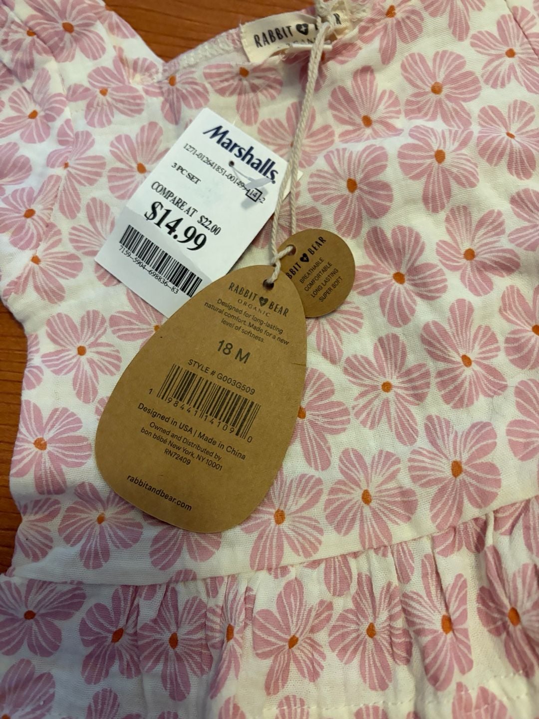 Rabbit Bear Organic Outfit Size 18 M Pink Floral Top Pants Set 5