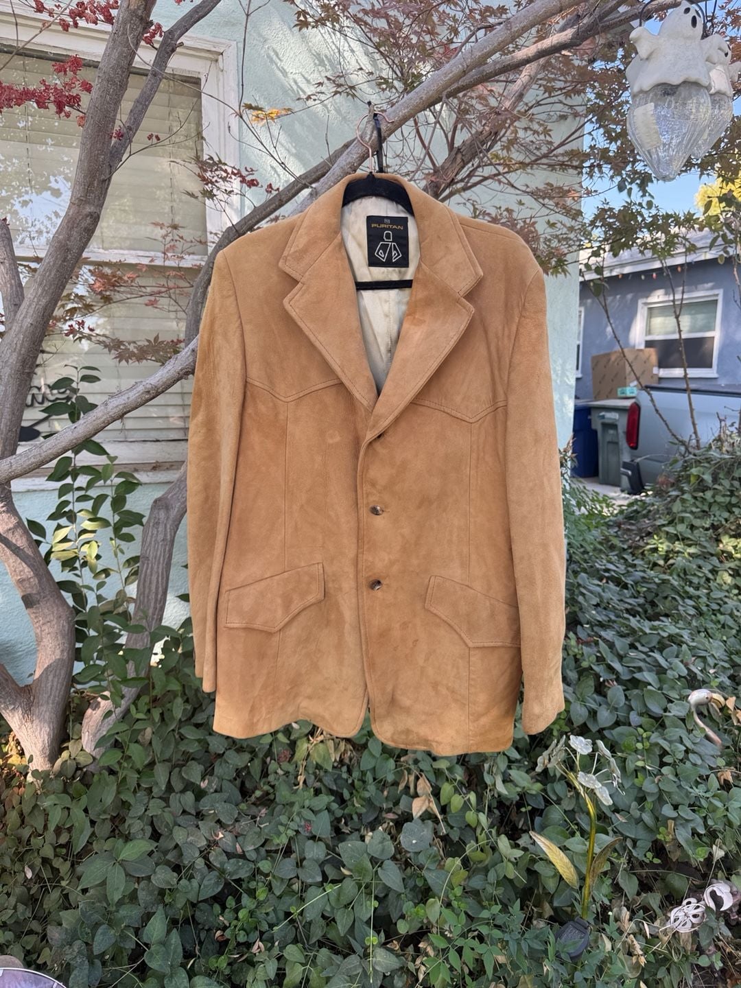 Womens (Mens) Puritan Vintage Suede Leather Western Blazer Jacket Tan Measurements in description 3
