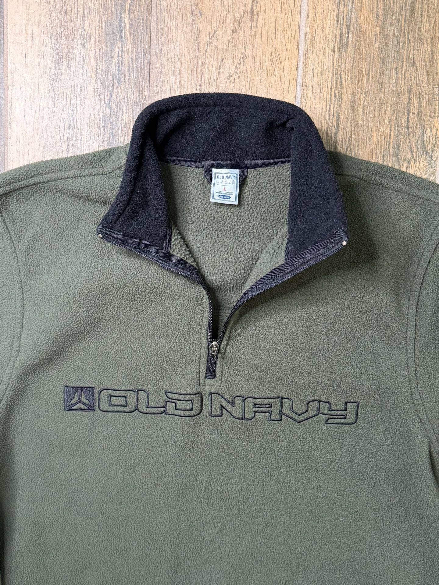 Vintage Old Navy 1/4 Zip Fleece Pullover Spell Out Size L Green Embroidered Logo 2