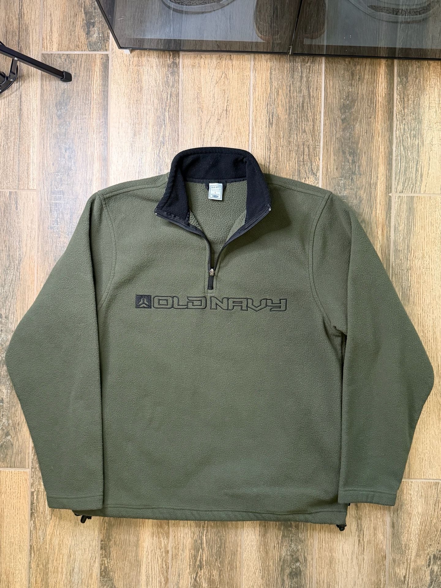 Vintage Old Navy 1/4 Zip Fleece Pullover Spell Out Size L Green Embroidered Logo 3