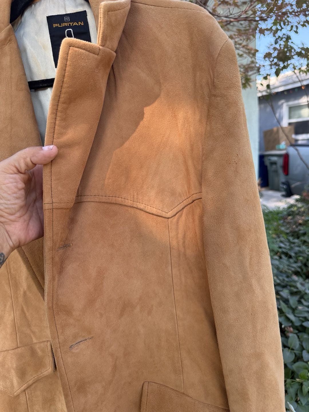 Womens (Mens) Puritan Vintage Suede Leather Western Blazer Jacket Tan Measurements in description 15