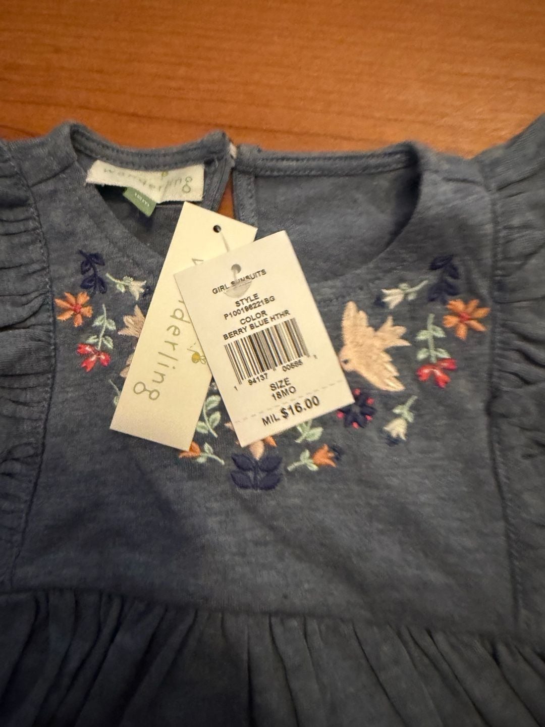 Wanderling Girl Sunsuit Size 18M Blue Floral Embroidered Ruffle 3