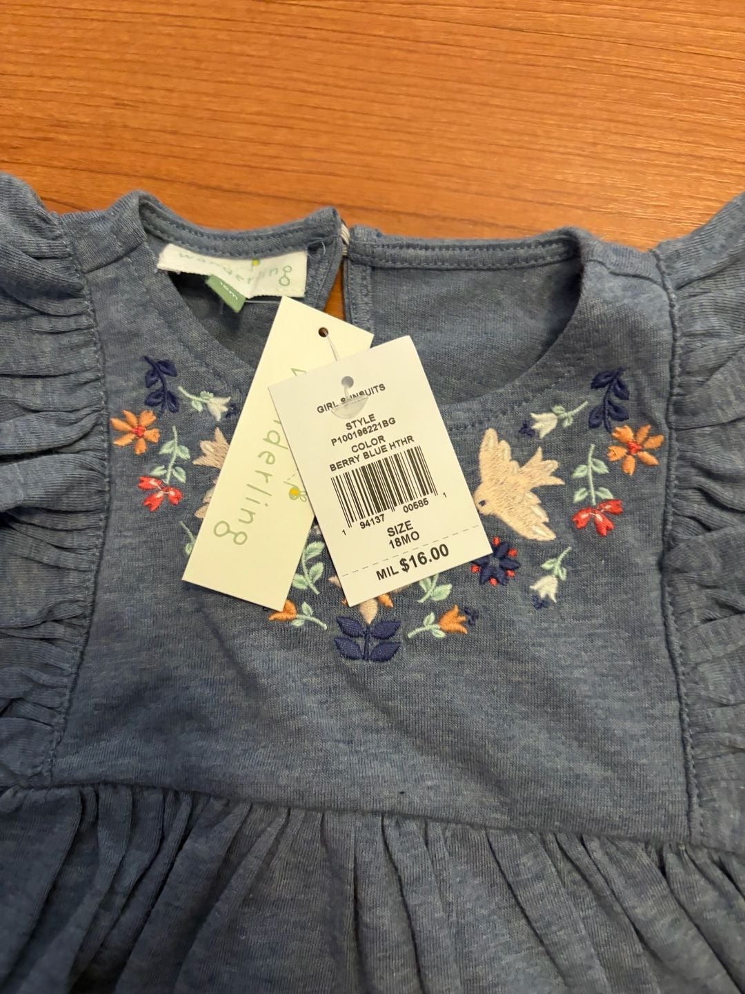 Wanderling Girl Sunsuit Size 18M Blue Floral Embroidered Ruffle 4