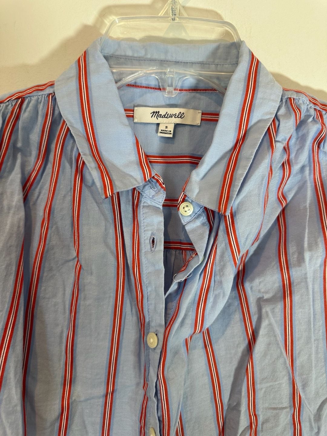 100% Cotton Madewell Short Sleeve Button Up Shirt Size S Blue Red Striped 3