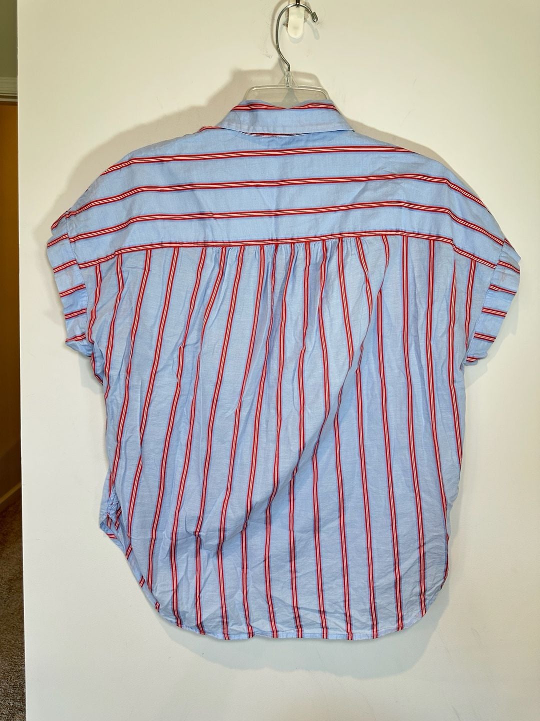 100% Cotton Madewell Short Sleeve Button Up Shirt Size S Blue Red Striped 5
