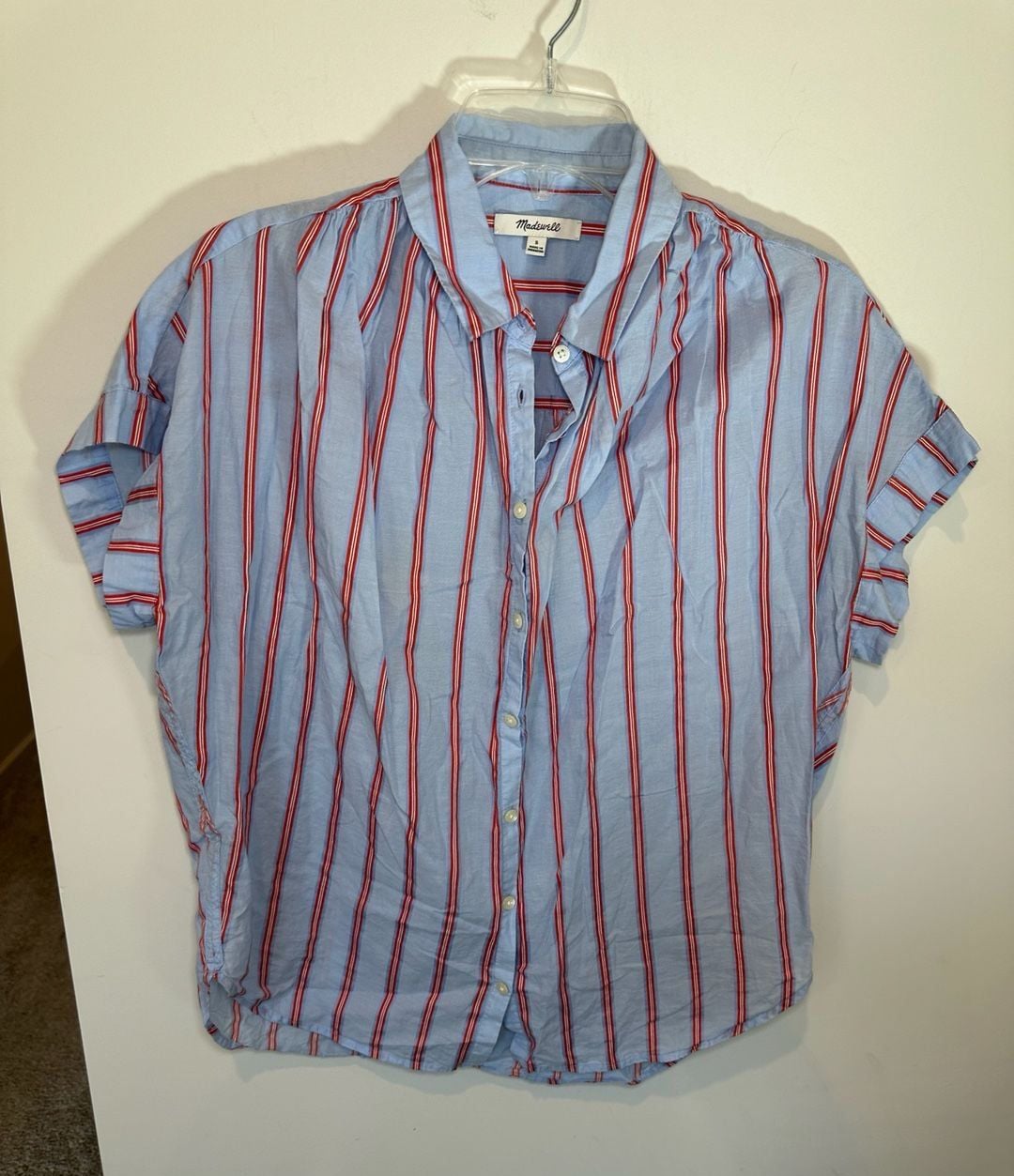 100% Cotton Madewell Short Sleeve Button Up Shirt Size S Blue Red Striped 2