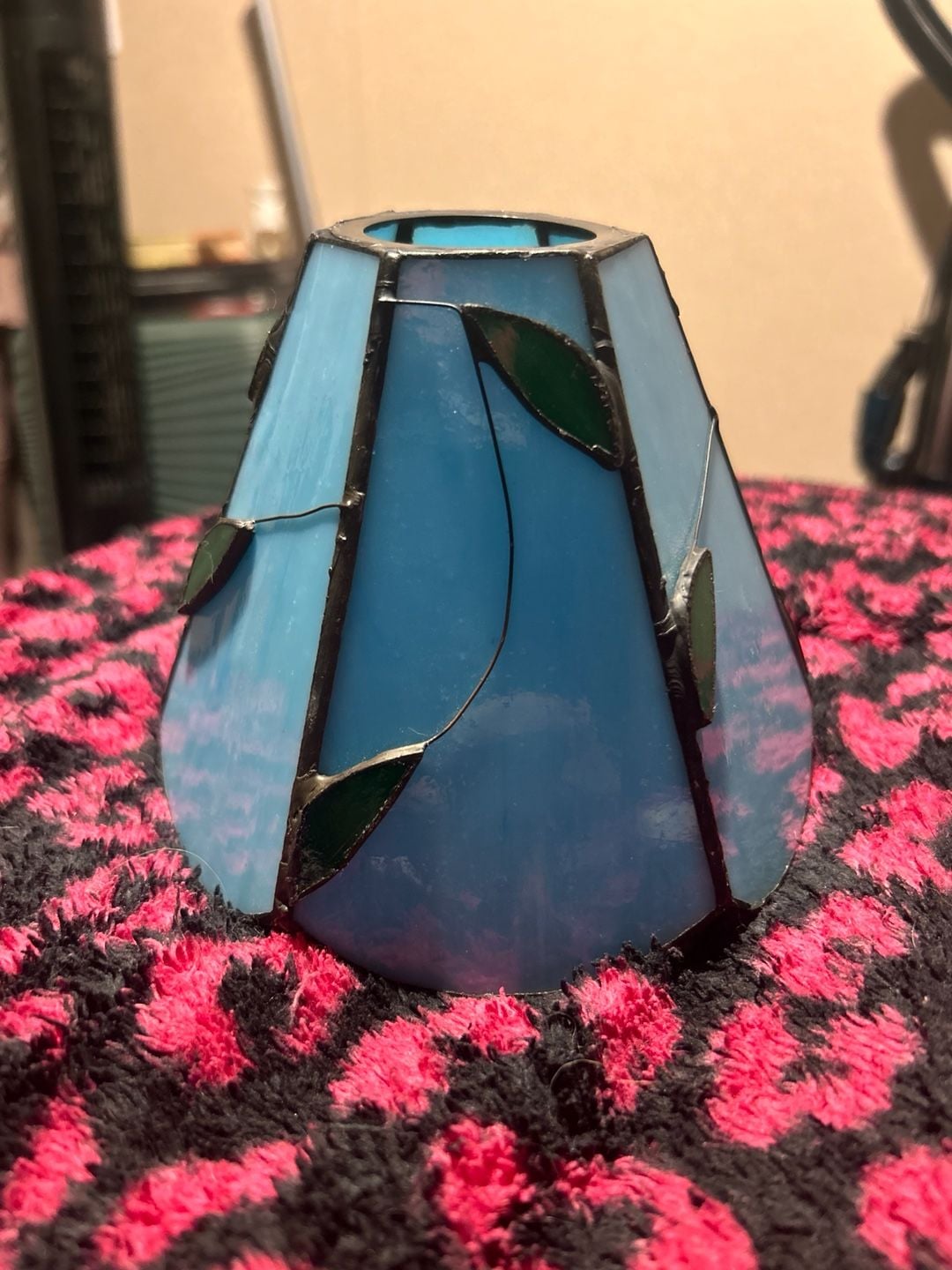 Stained Glass Blue Lamp Shade with Green Leaves 2