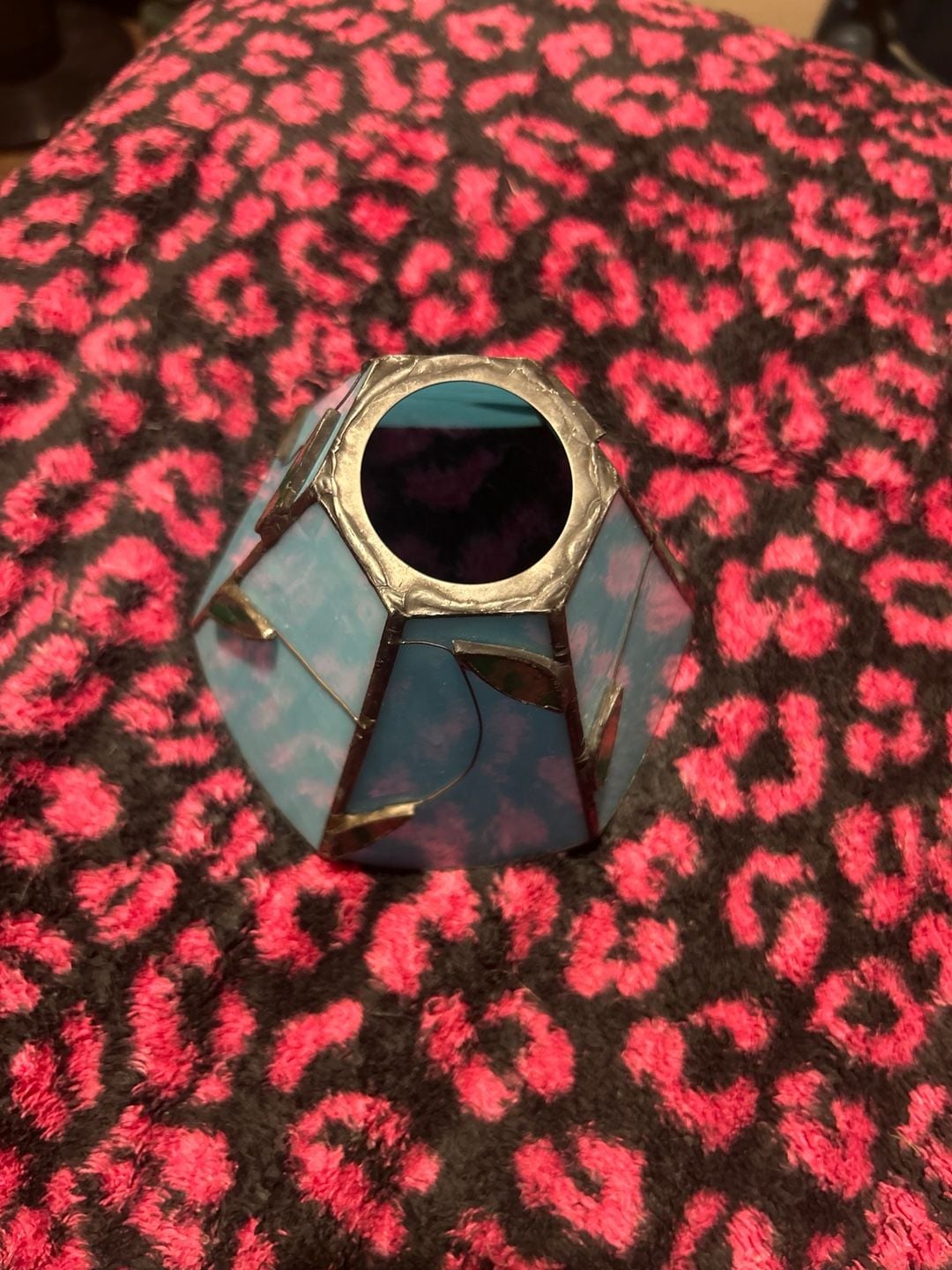 Stained Glass Blue Lamp Shade with Green Leaves 3