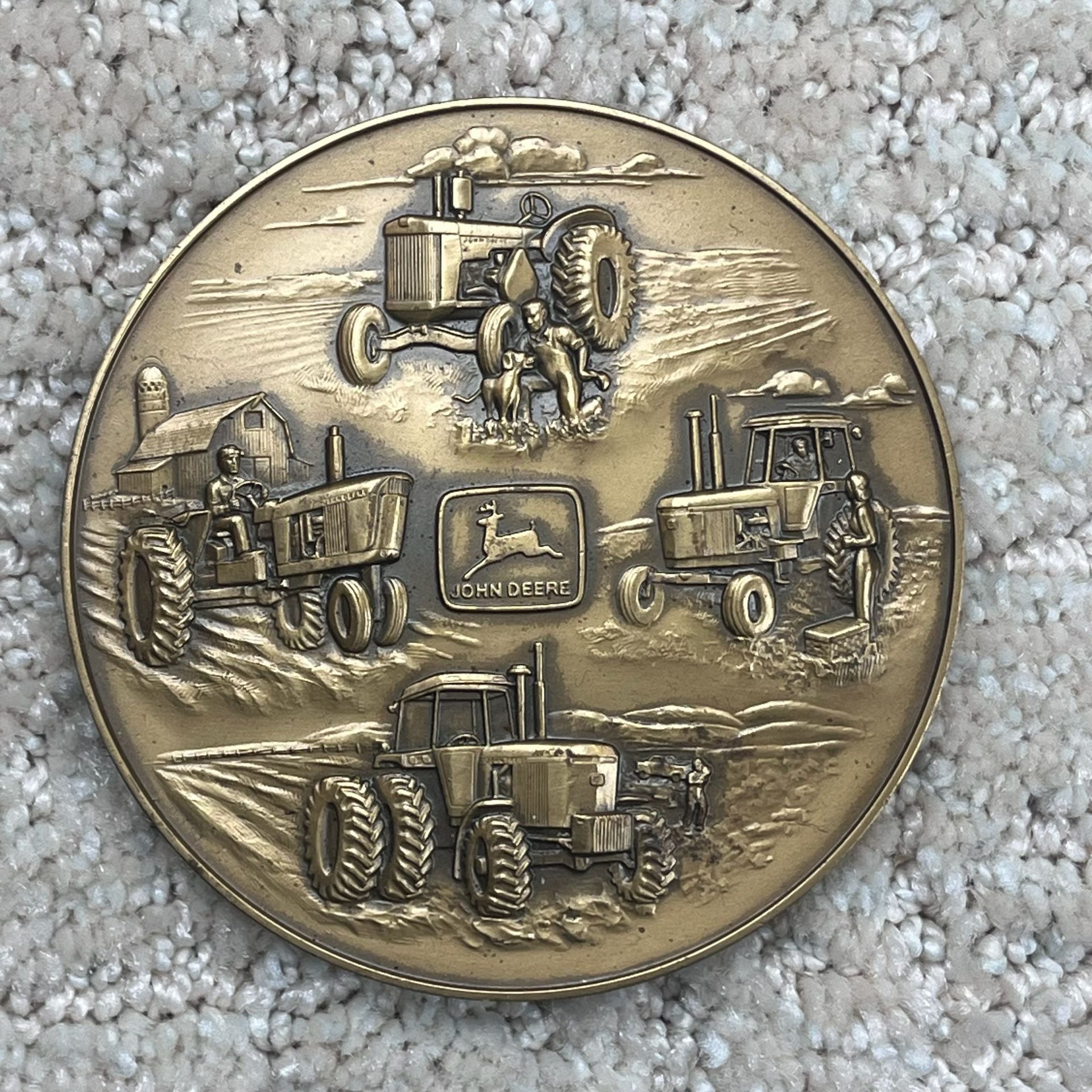 John Deere 1983 Tractor Calendar Medallion Bronze Coin With Wooden Stand 3