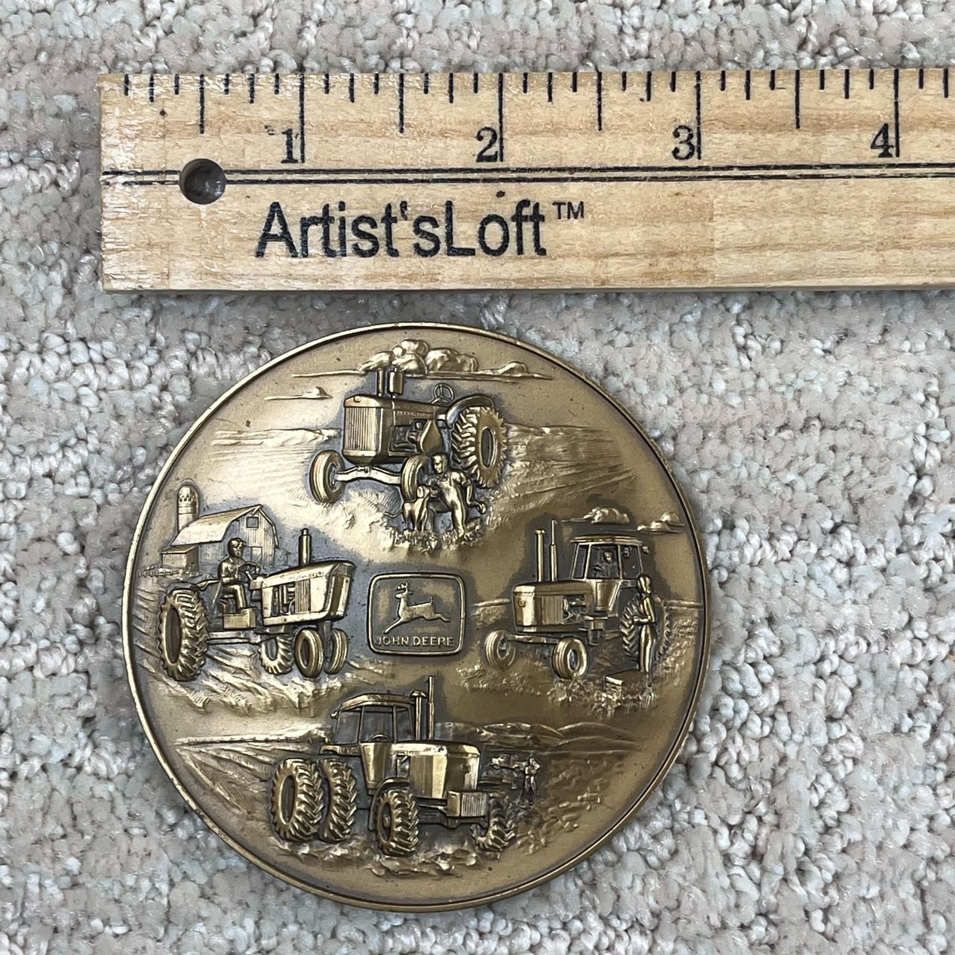 John Deere 1983 Tractor Calendar Medallion Bronze Coin With Wooden Stand 4