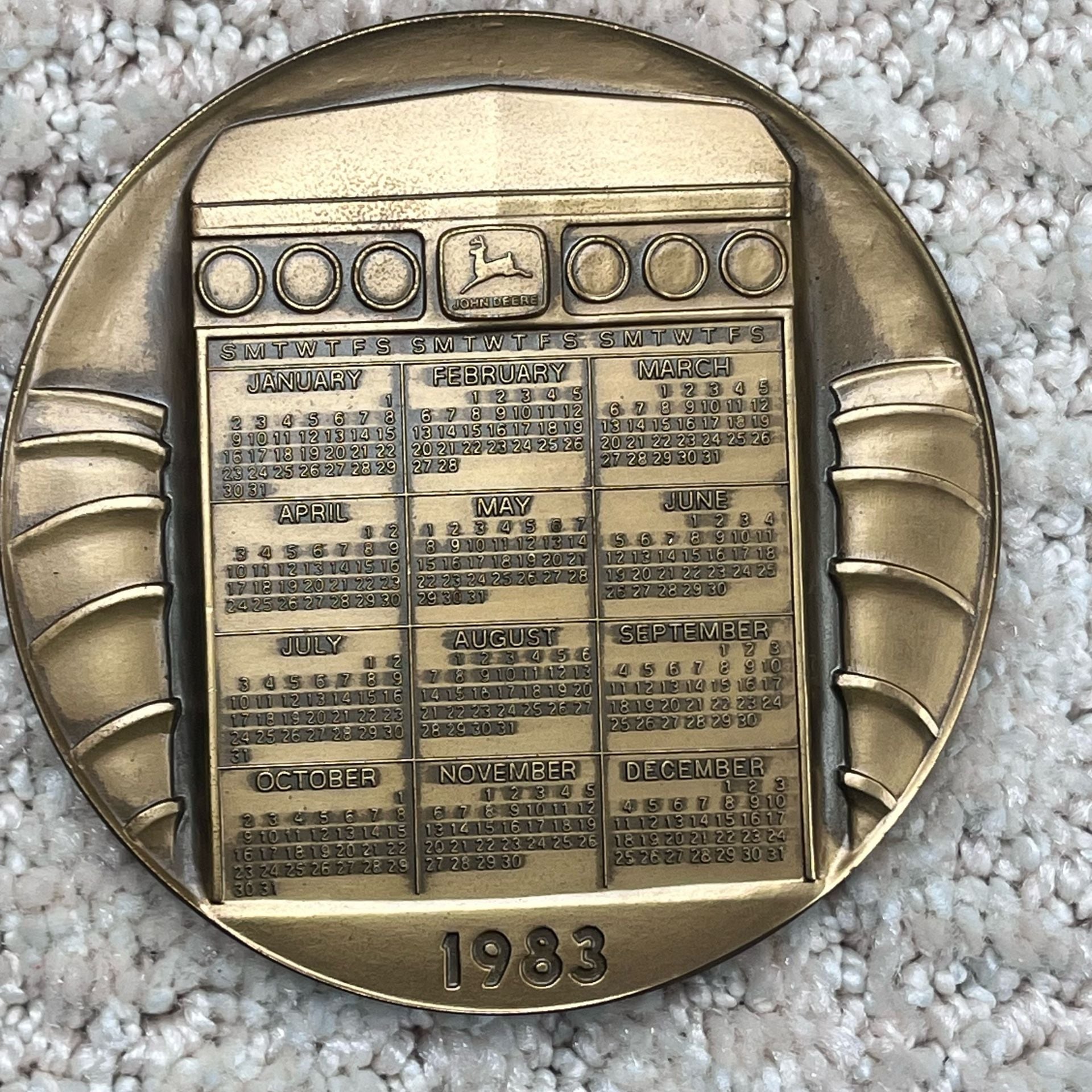 John Deere 1983 Tractor Calendar Medallion Bronze Coin With Wooden Stand 5