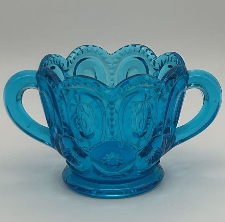 Vintage Blue LE Smith Moon And Stars Open Double Handled Sugar Bowl 1