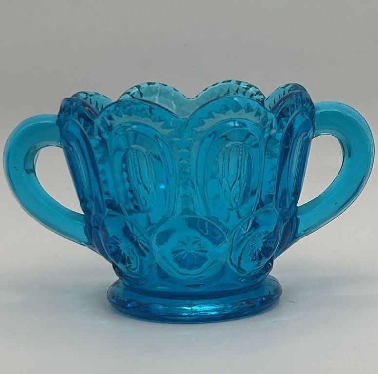 Vintage Blue LE Smith Moon And Stars Open Double Handled Sugar Bowl 3
