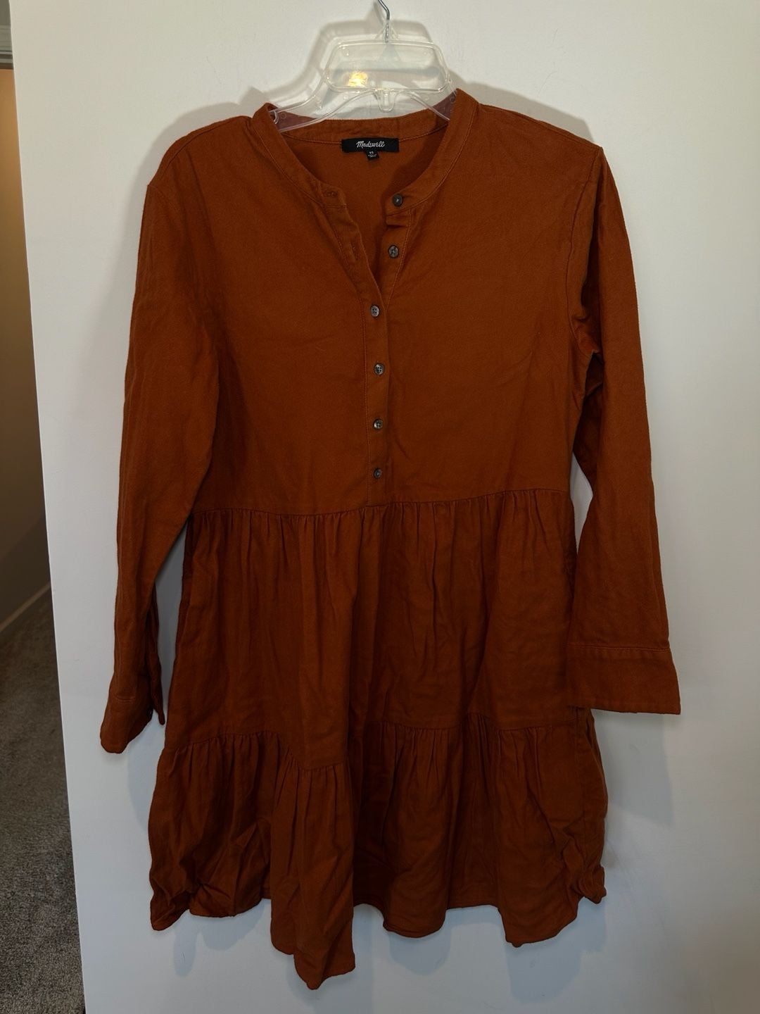 100% Cotton Madewell Tiered Mini Dress Size XS Rust Brown Long Sleeve Button Front 2
