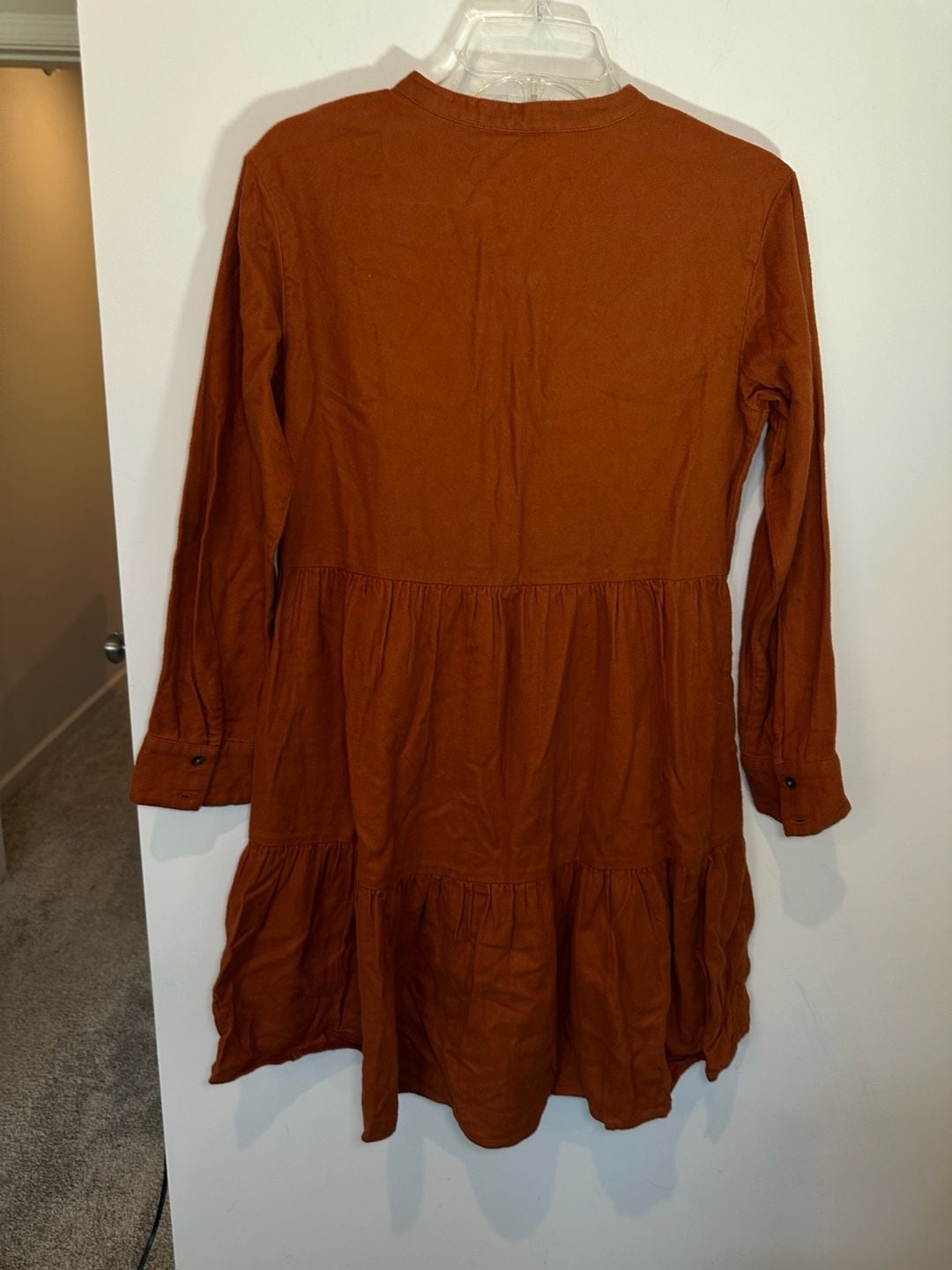 100% Cotton Madewell Tiered Mini Dress Size XS Rust Brown Long Sleeve Button Front 5