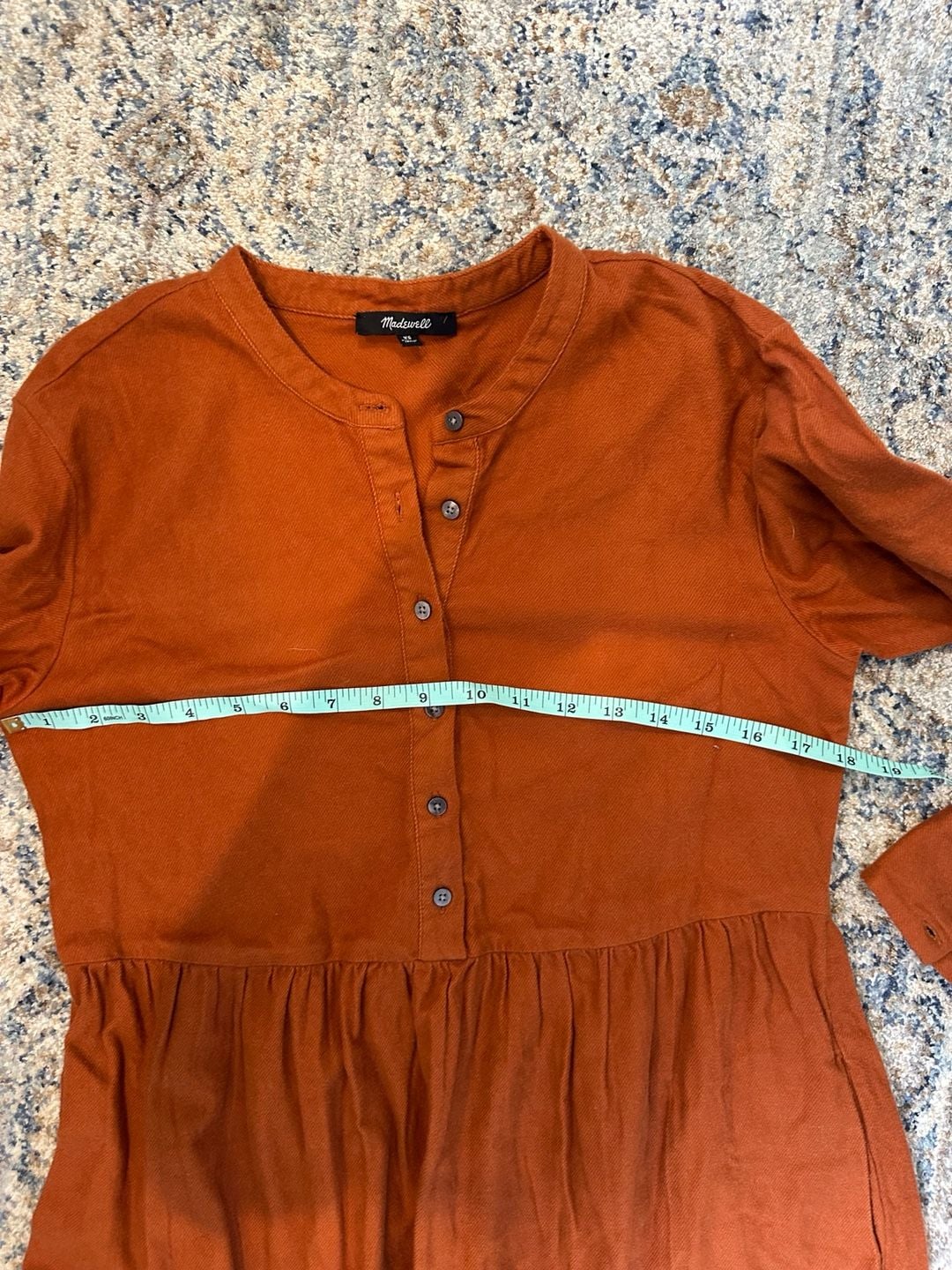 100% Cotton Madewell Tiered Mini Dress Size XS Rust Brown Long Sleeve Button Front 6