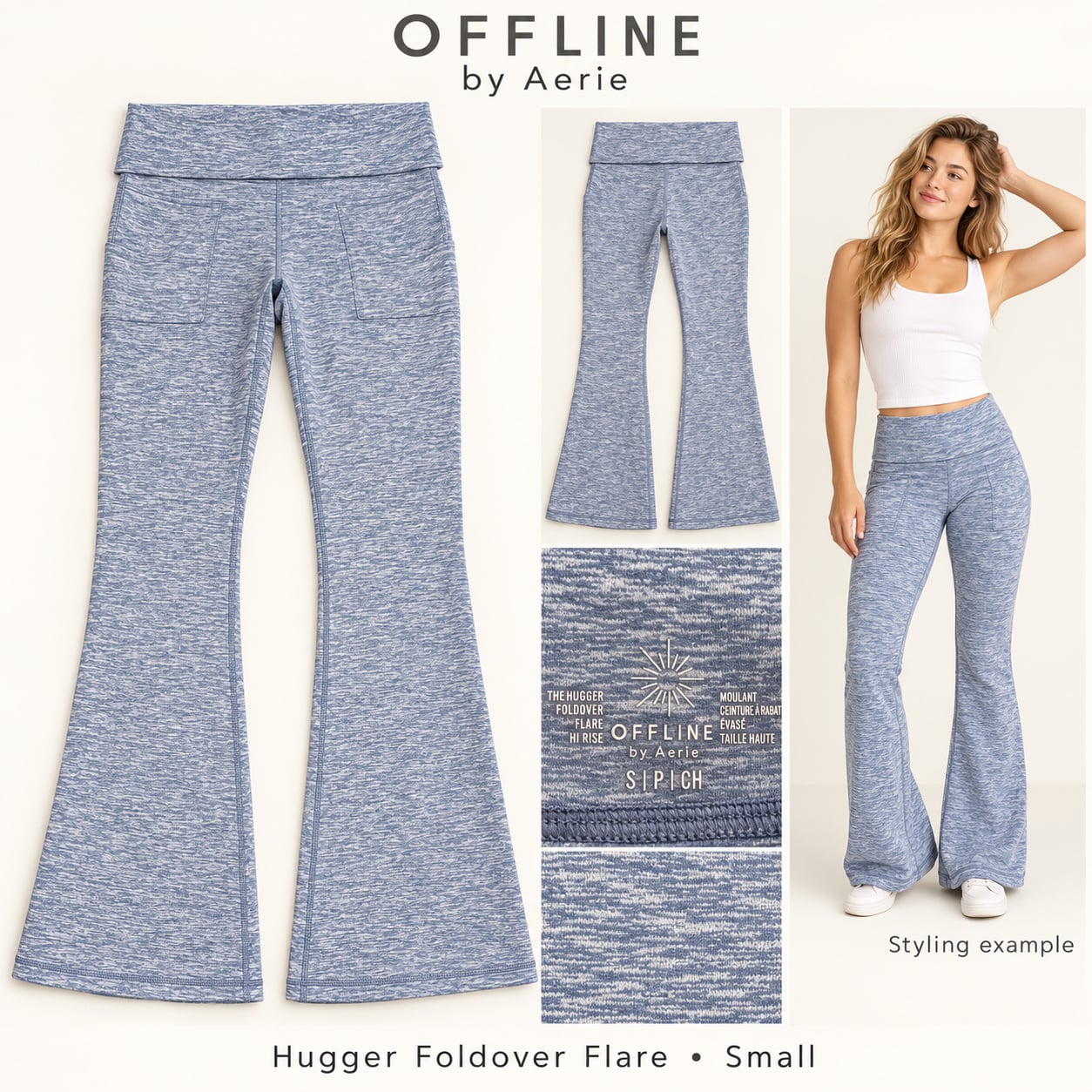 OFFLINE Aerie Hugger Foldover Flare Leggings Small Blue High Rise Yoga Pants 2