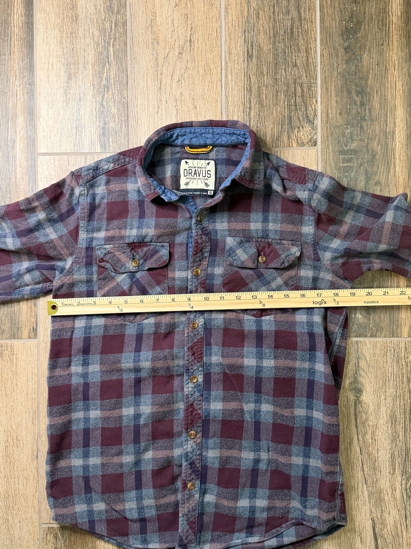 Dravus Plaid Long Sleeve Flannel Shirt Size S Burgundy Blue 6