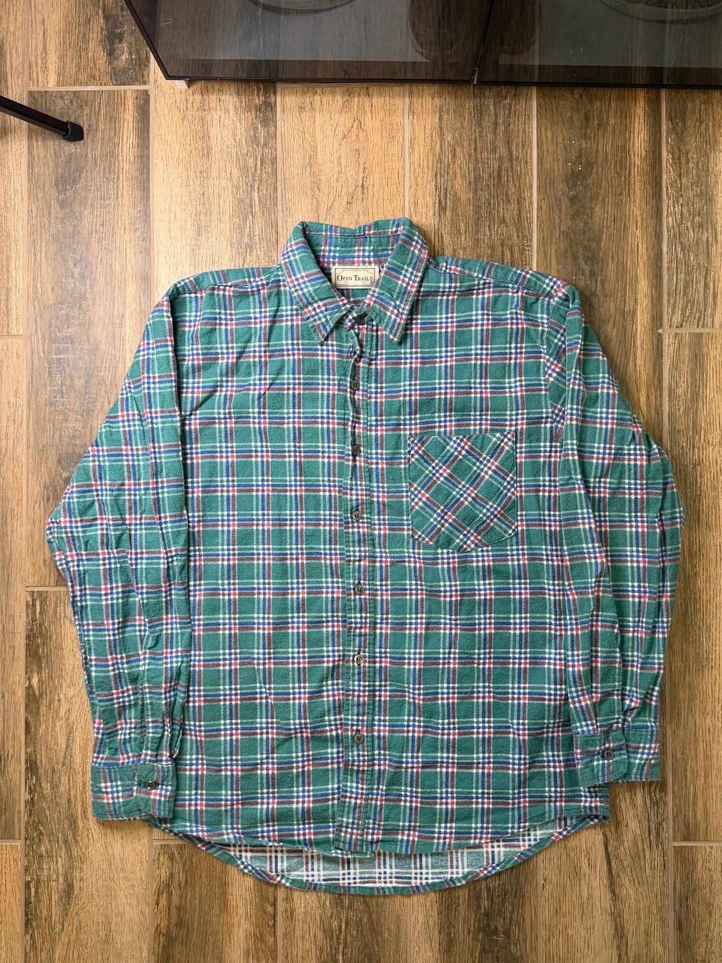Vintage Open Trails Plaid Flannel Shirt Size XL Green Cotton Long Sleeve 2